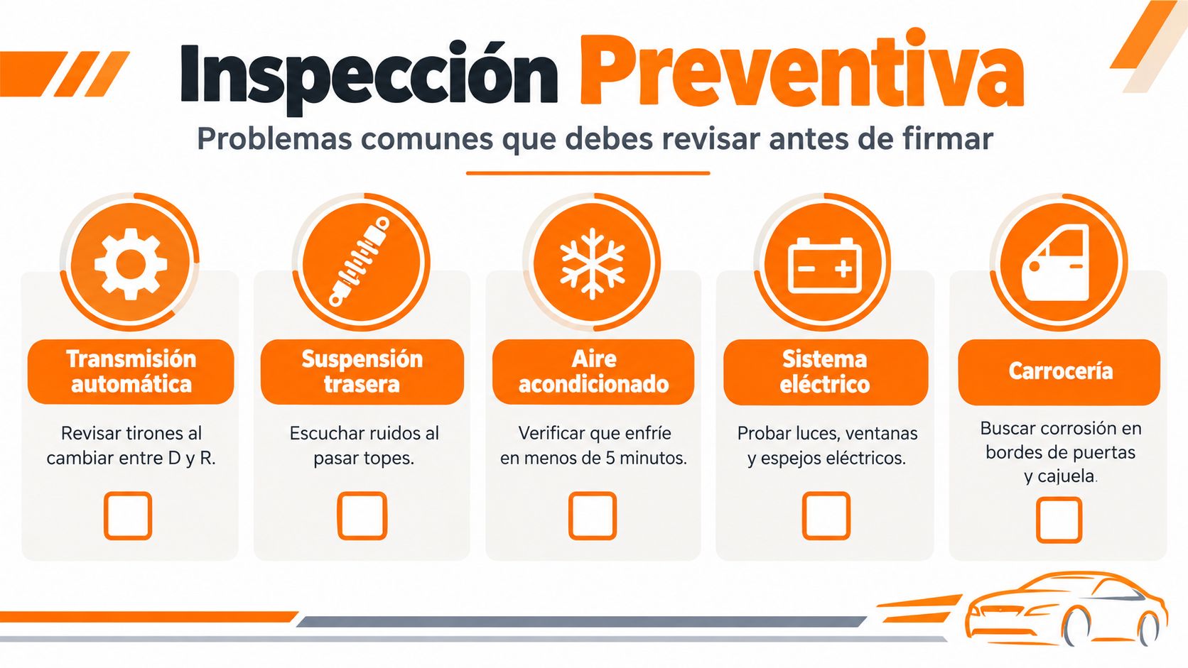 Lista de inspección preventiva para revisar componentes clave antes de comprar un vehículo seminuevo en Santa Fe.
