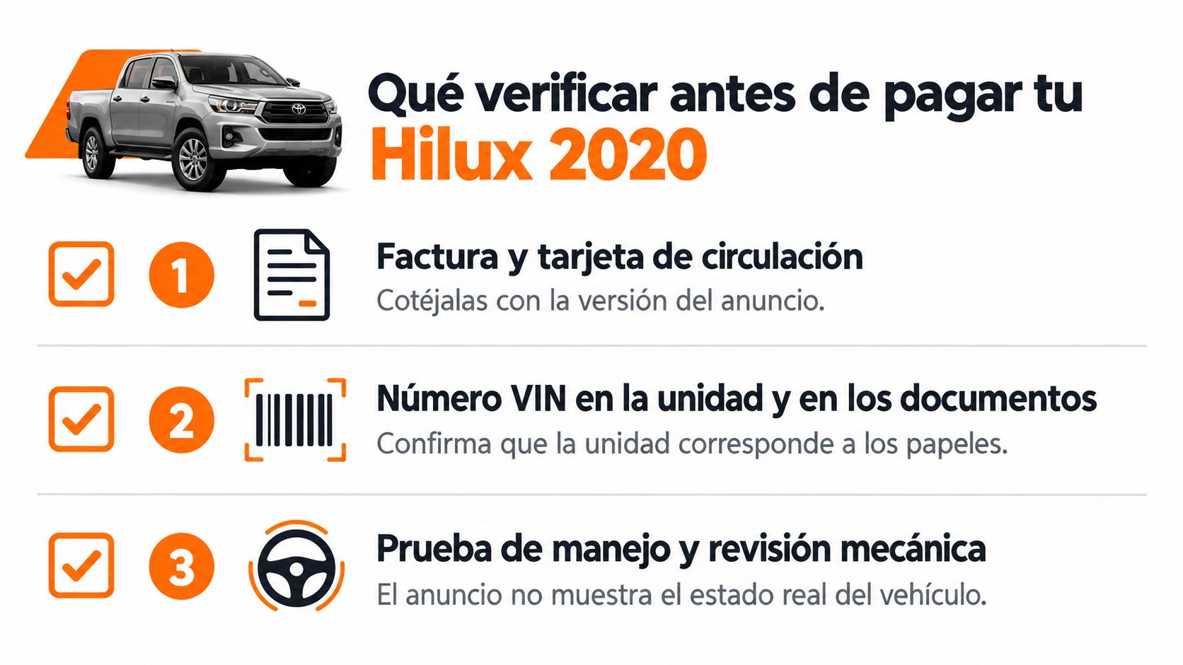Infografía con consejos sobre qué verificar antes de comprar y pagar una camioneta Toyota Hilux 2020 usada.