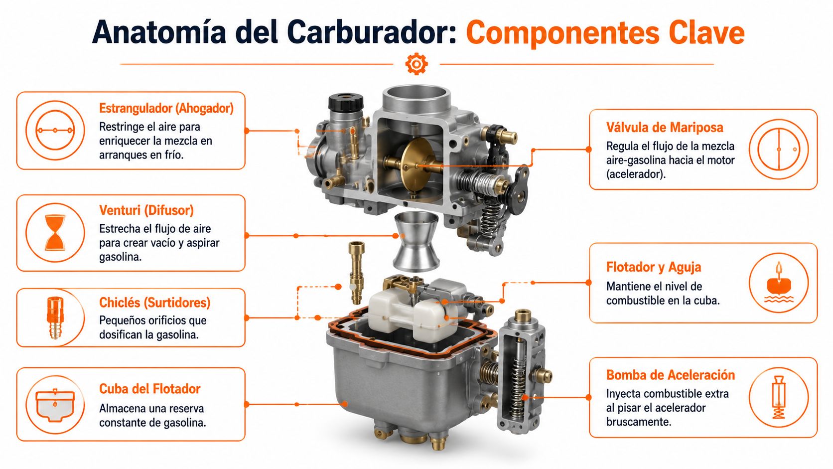 Diagrama detallado que muestra la anatomía de un carburador y la función de sus componentes principales.