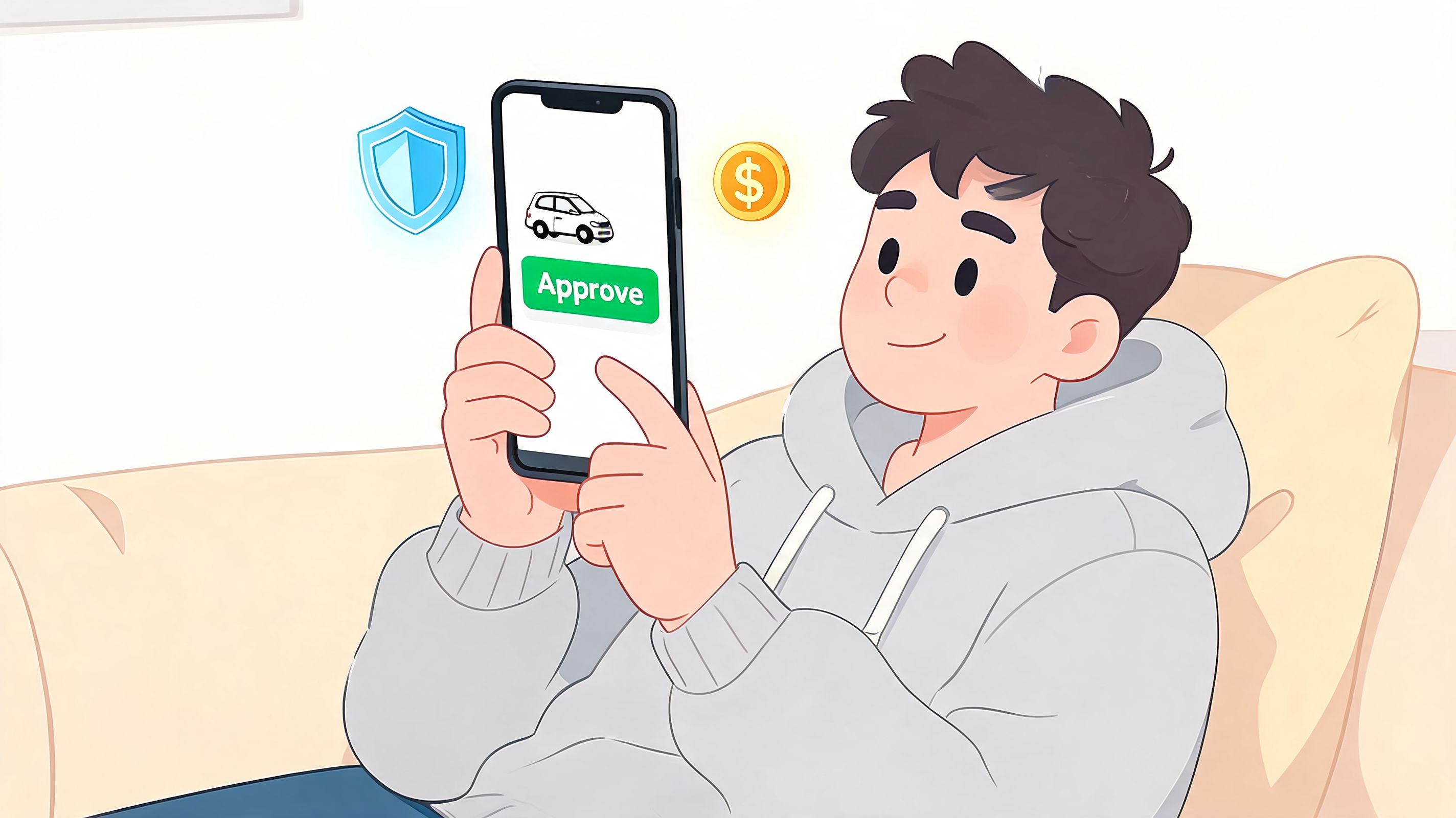 Un joven revisando la aprobación de financiamiento para su vehículo desde su teléfono móvil en casa.