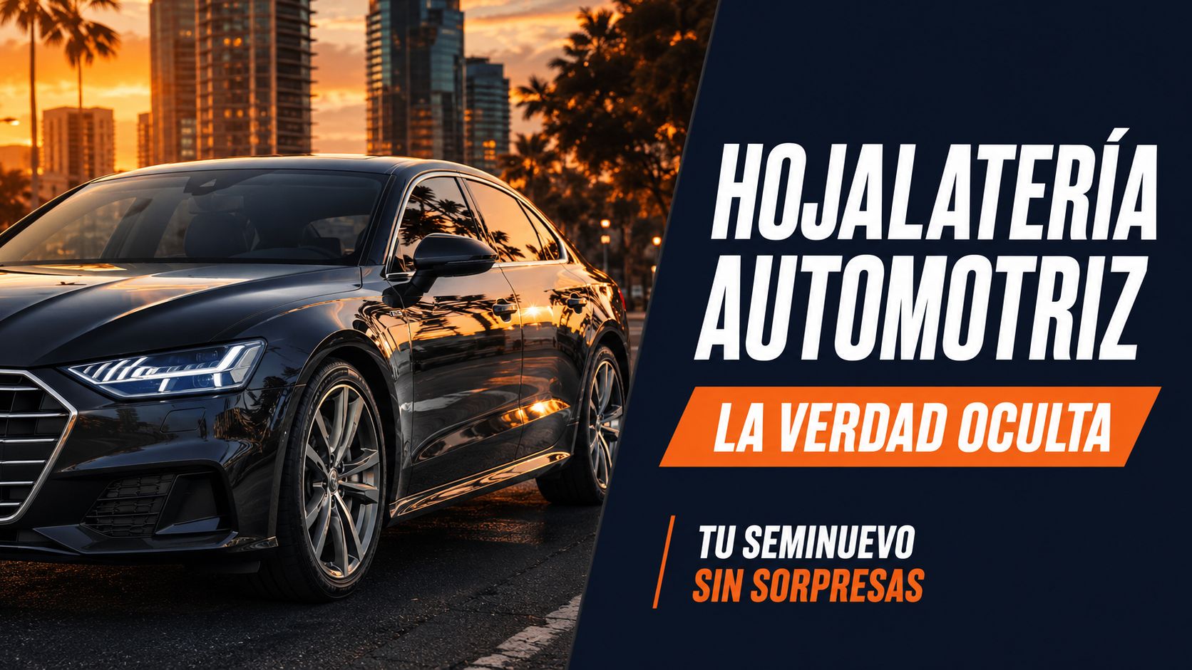 Automóvil negro de lujo estacionado al atardecer, destacando servicios de hojalatería automotriz para vehículos seminuevos sin sorpresas.