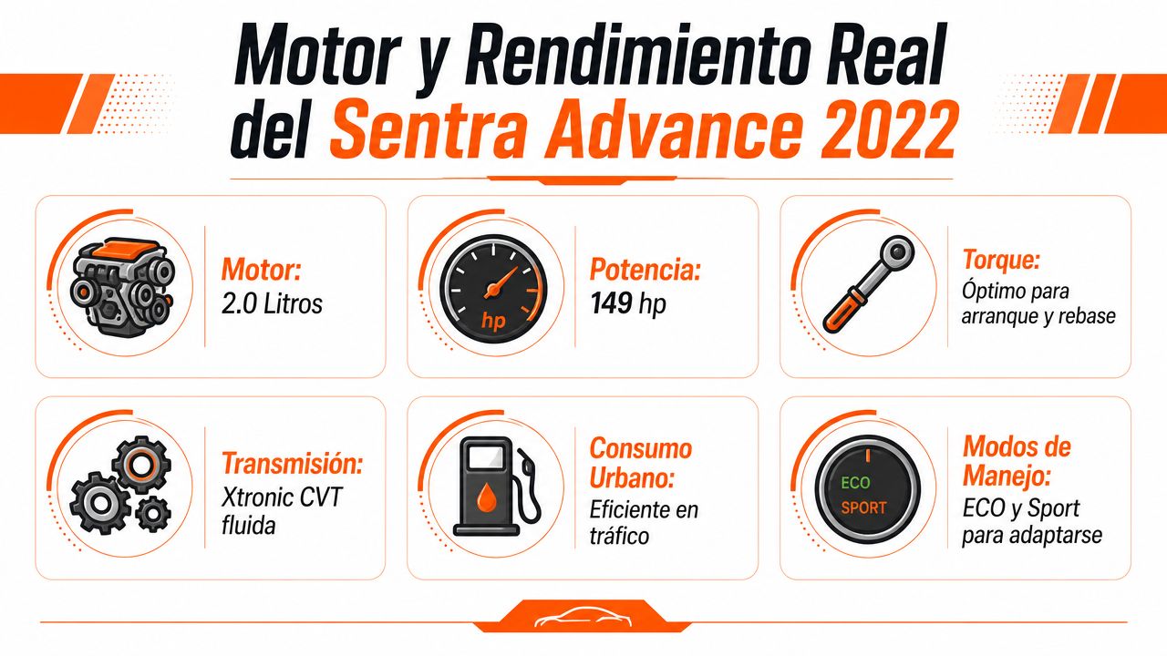 Infografía técnica que detalla las especificaciones del motor y el rendimiento del Nissan Sentra Advance 2022.