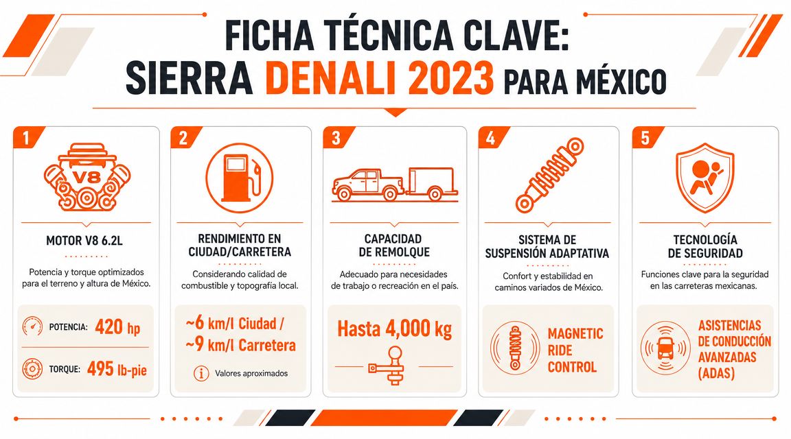 Ficha técnica de la camioneta GMC Sierra Denali 2023 con especificaciones de motor y rendimiento.