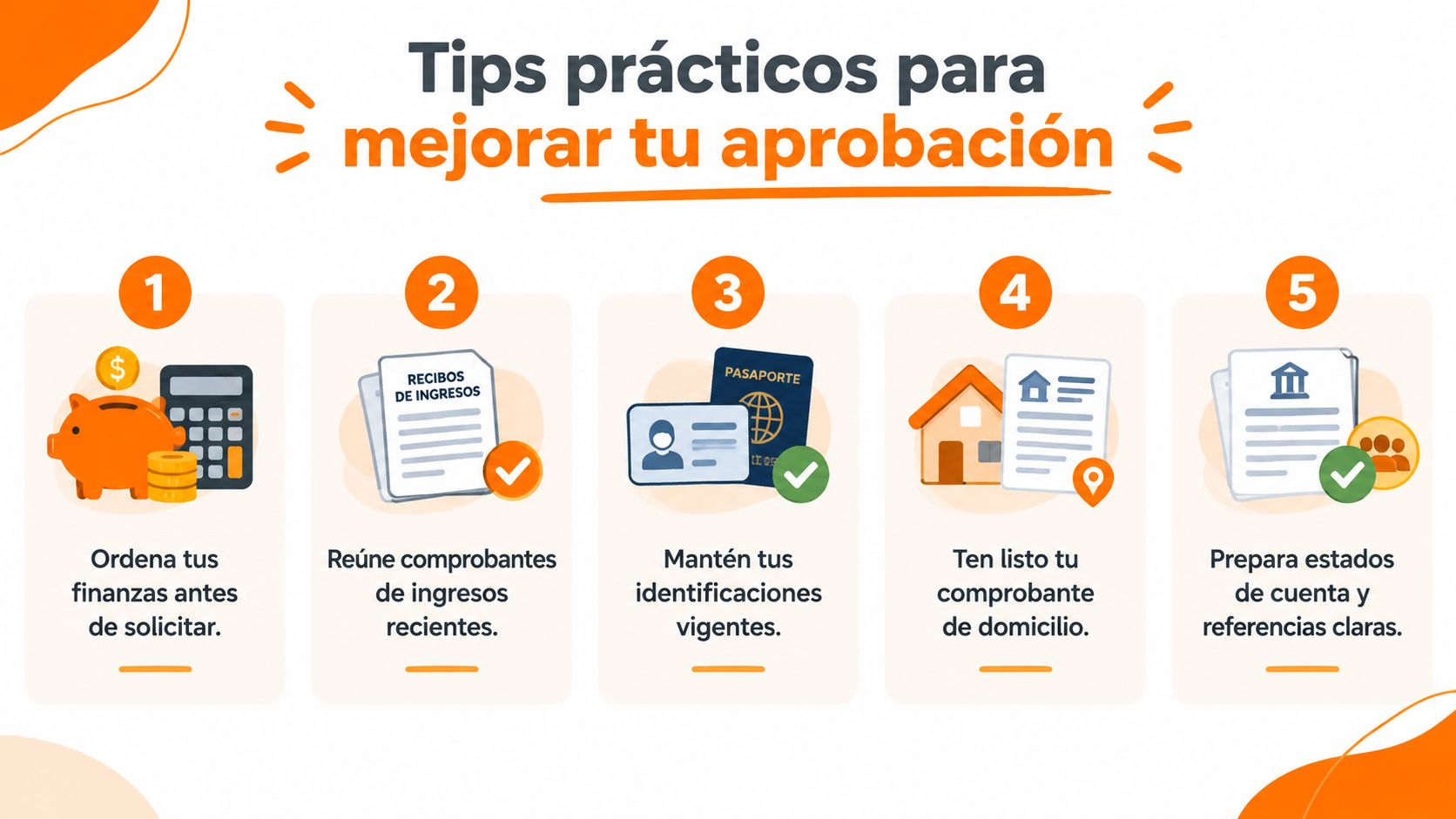 Una infografía con cinco consejos prácticos para mejorar la aprobación de un crédito financiero.
