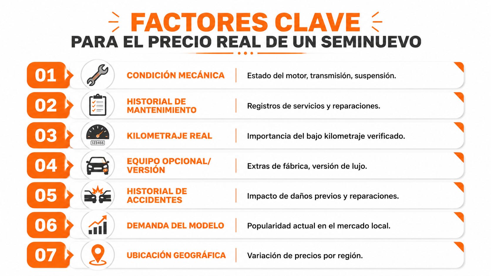 Infografía sobre los factores clave que determinan el precio real de compra de un vehículo seminuevo.