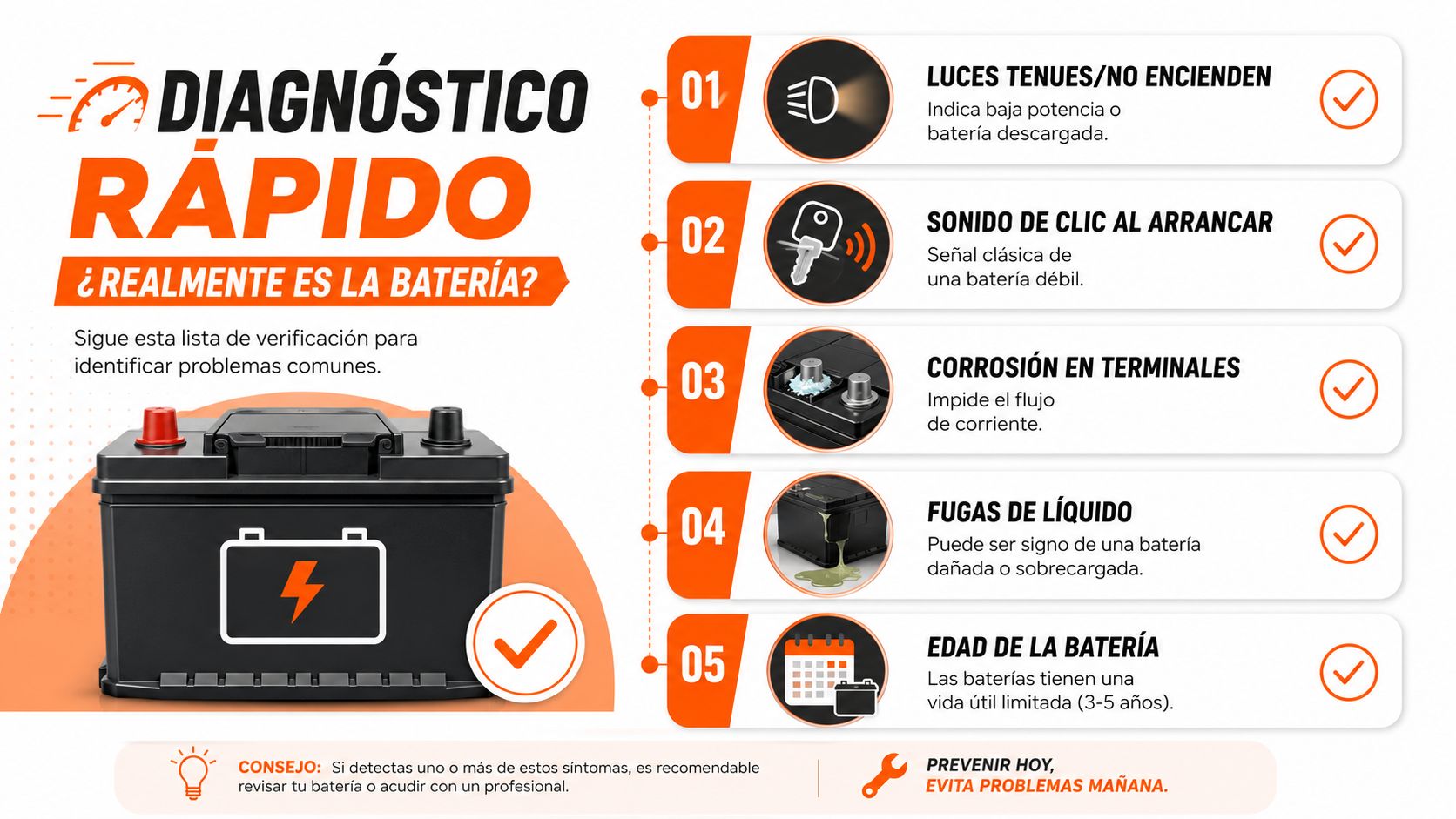 Infografía sobre diagnóstico rápido de baterías de coche mostrando cinco síntomas comunes de falla técnica.