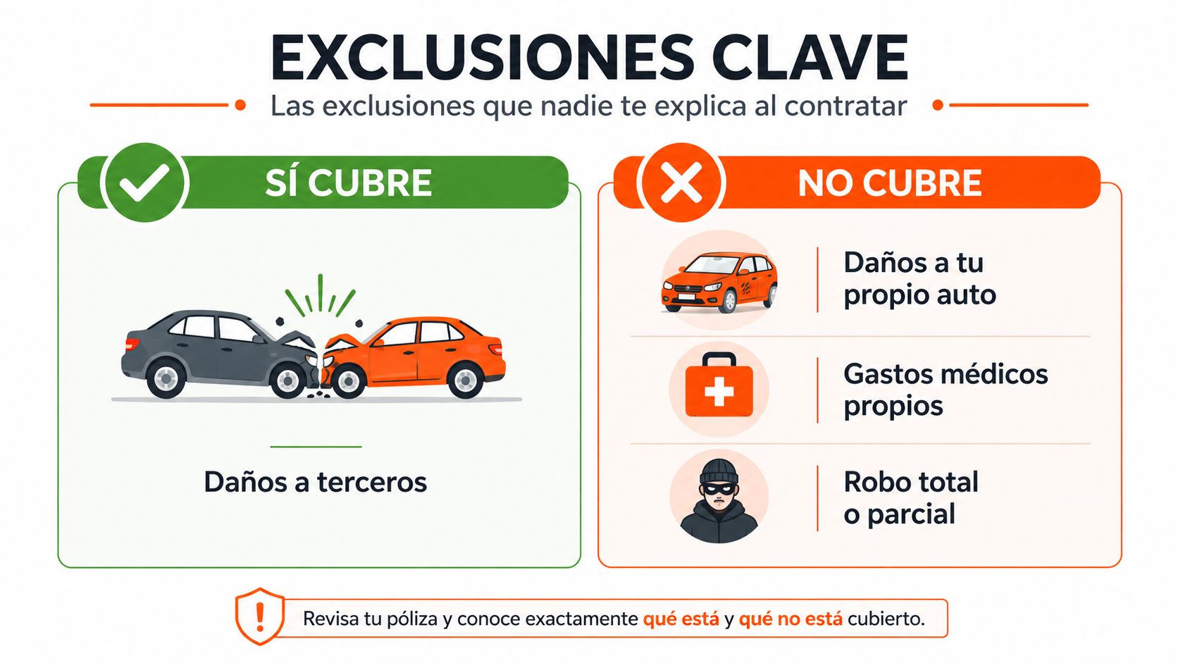 Infografía sobre exclusiones de seguros de auto mostrando lo que sí y lo que no cubre.