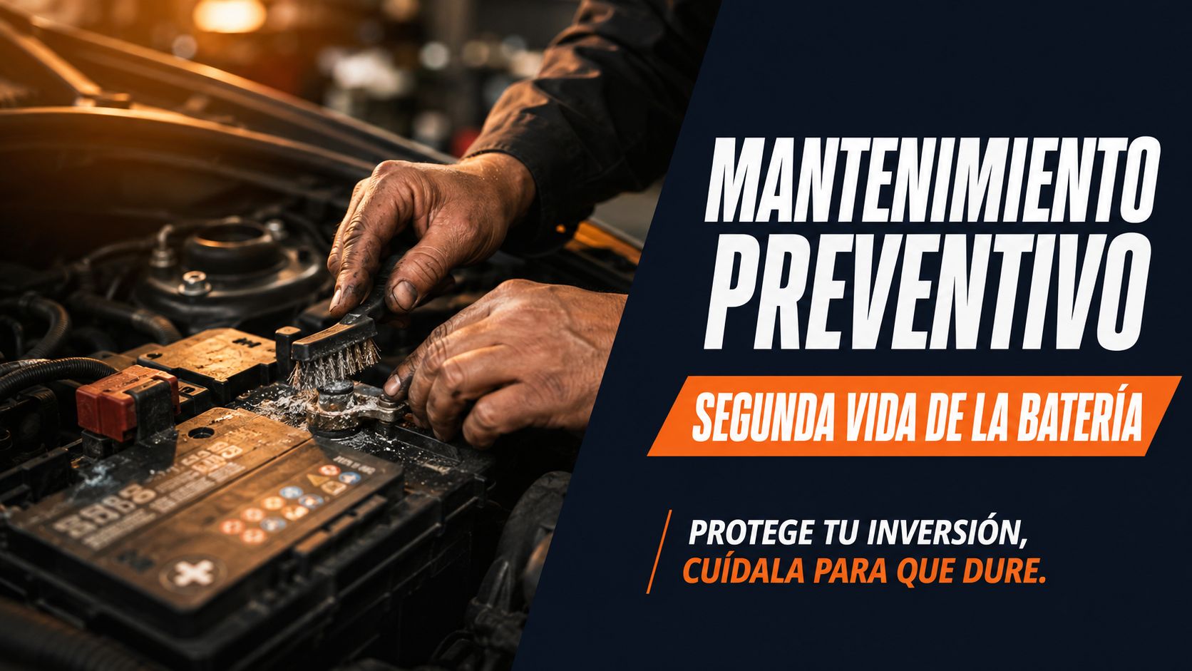 Un mecánico limpiando los terminales de una batería de automóvil para asegurar su correcto funcionamiento y mantenimiento preventivo.