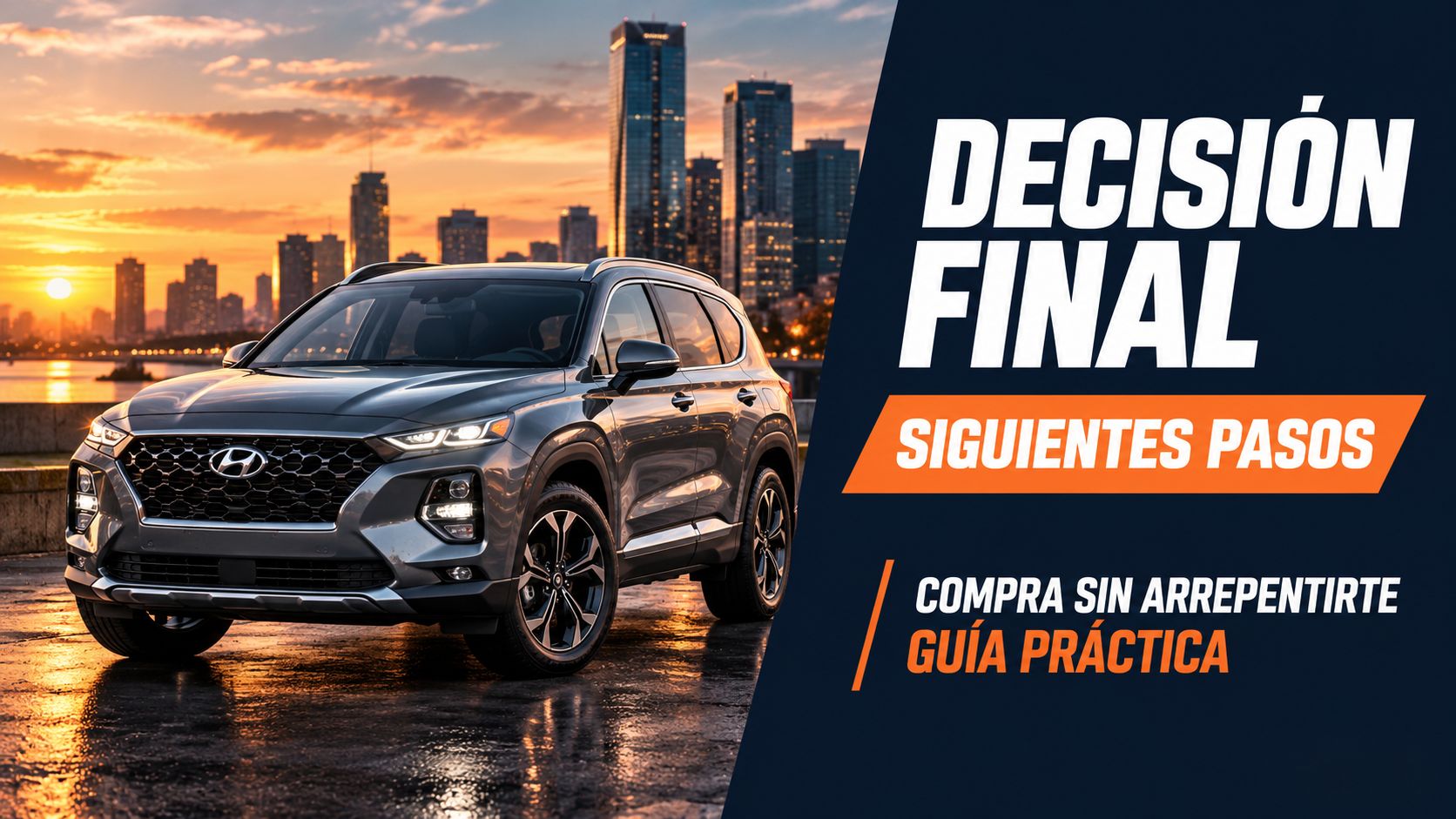 Una camioneta Hyundai gris estacionada frente a un horizonte urbano iluminado durante el atardecer, ideal para guía automotriz.