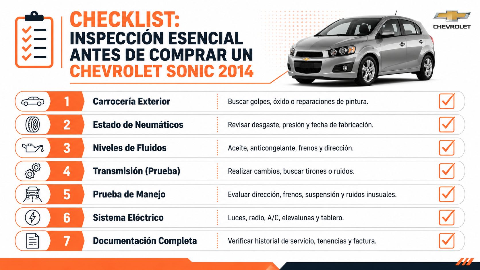 Lista de verificación para la inspección esencial antes de comprar un vehículo Chevrolet Sonic modelo 2014.