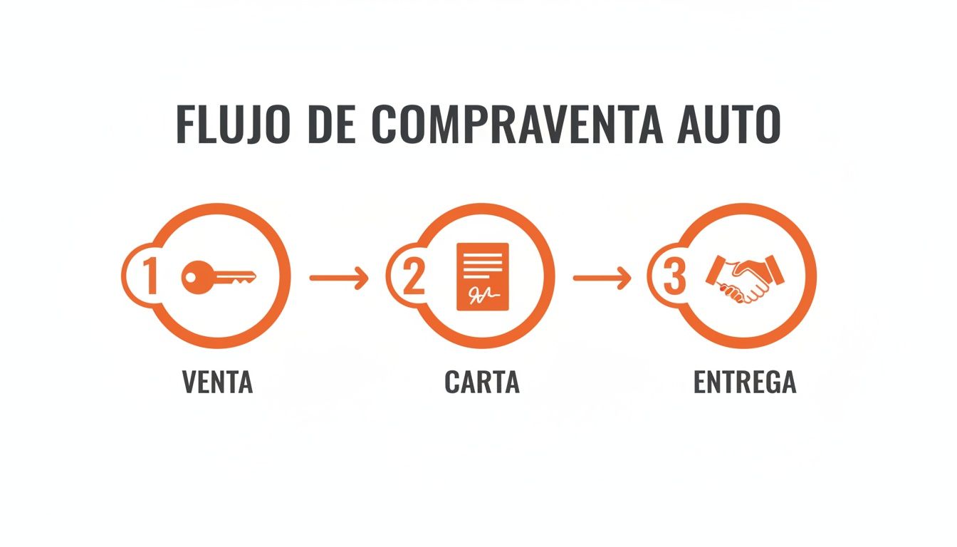 Flujo de compraventa de autos detallando tres pasos: venta con llave, carta contractual y entrega con apretón de manos.