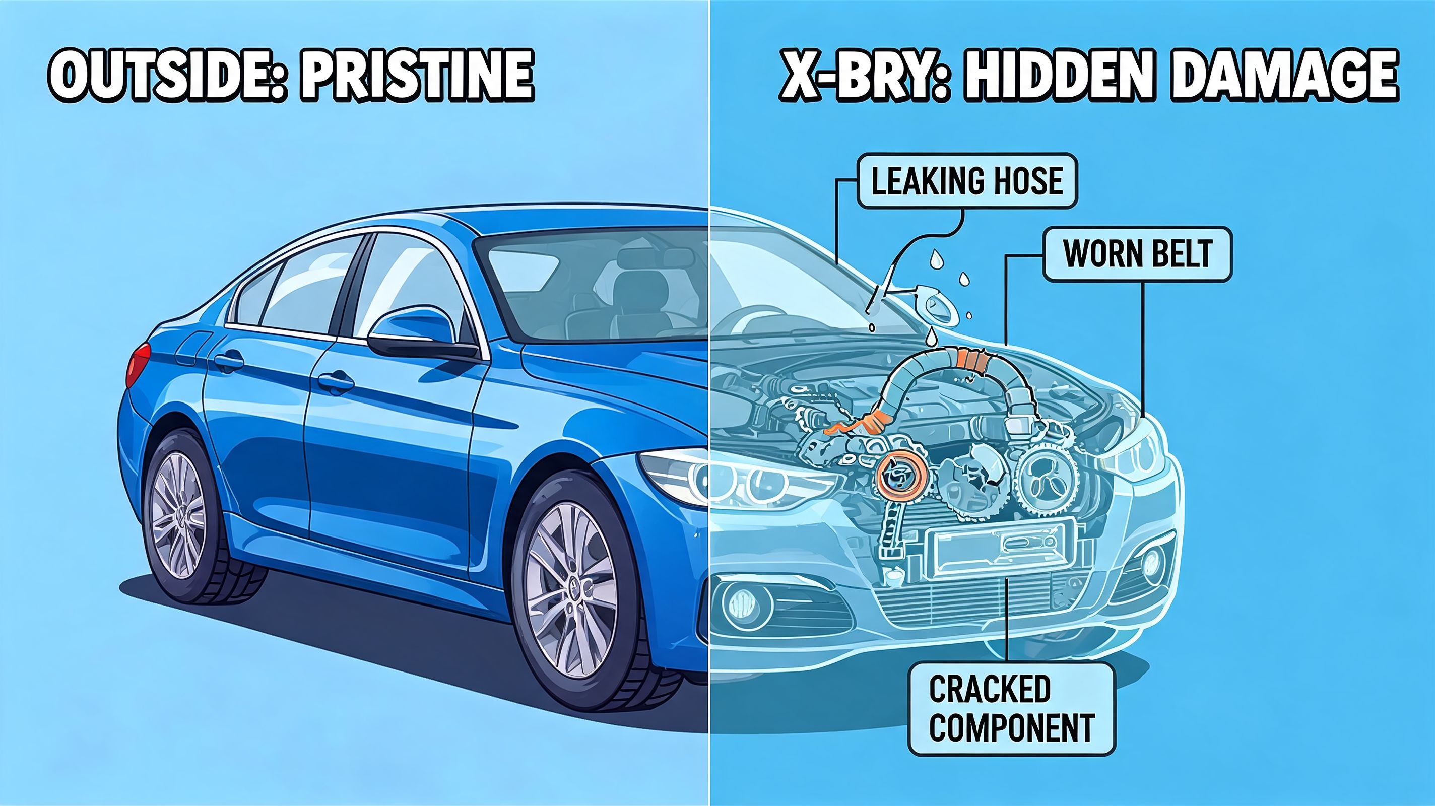 Representación gráfica de un automóvil con apariencia impecable exterior pero con daños mecánicos internos ocultos bajo el capó.