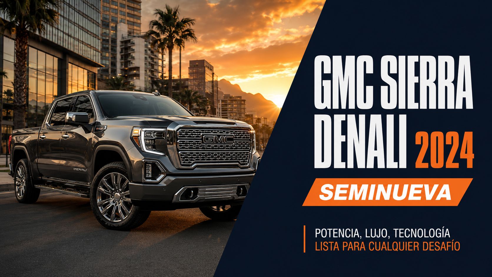 Camioneta GMC Sierra Denali 2024 de color gris estacionada en una ciudad durante el atardecer.