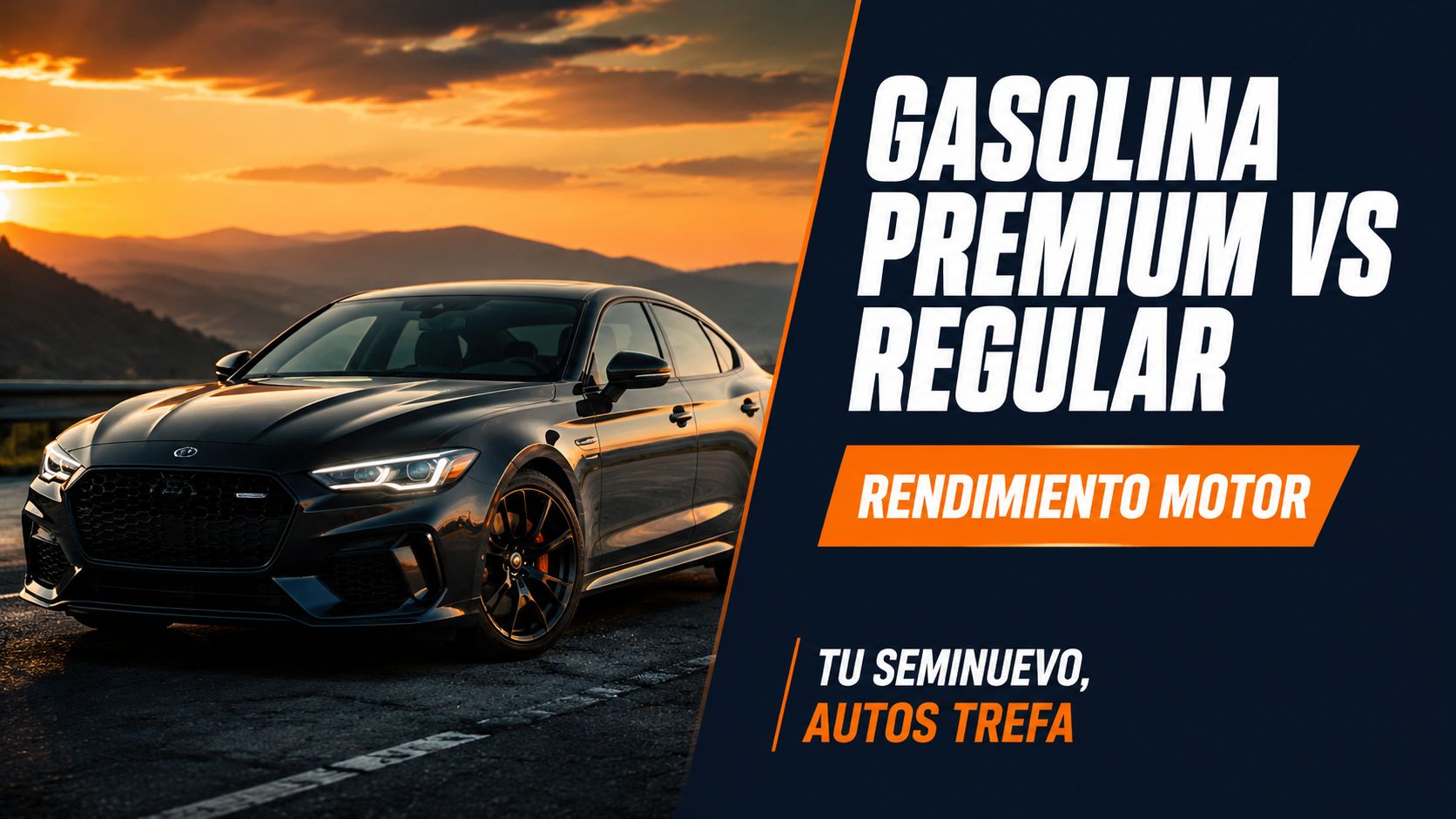 Un elegante coche deportivo negro aparcado al atardecer frente a un cartel sobre gasolina premium y regular.