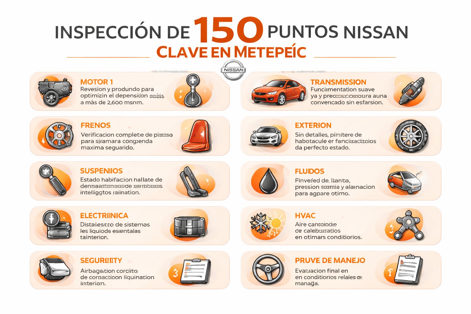 Infografía oficial sobre la inspección técnica de 150 puntos en vehículos seminuevos Nissan en Metepec.
