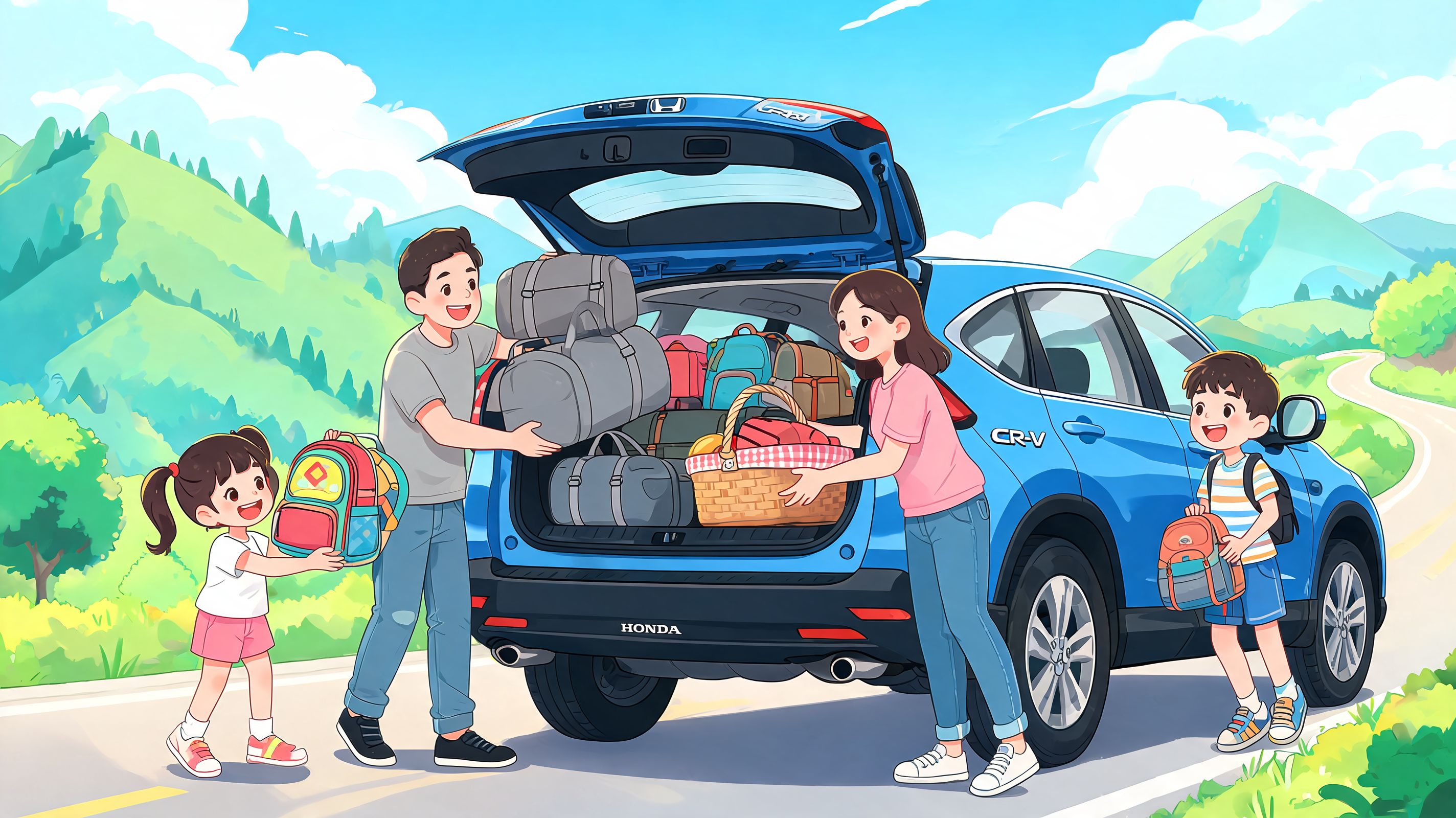 Una familia feliz cargando equipaje en el maletero de su coche Honda CR-V para un viaje.