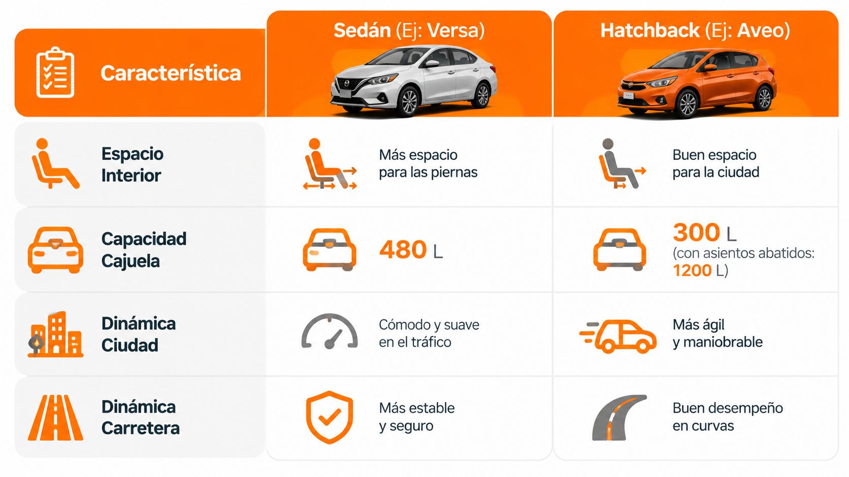 Tabla comparativa de las principales características entre un automóvil sedán y un vehículo hatchback.