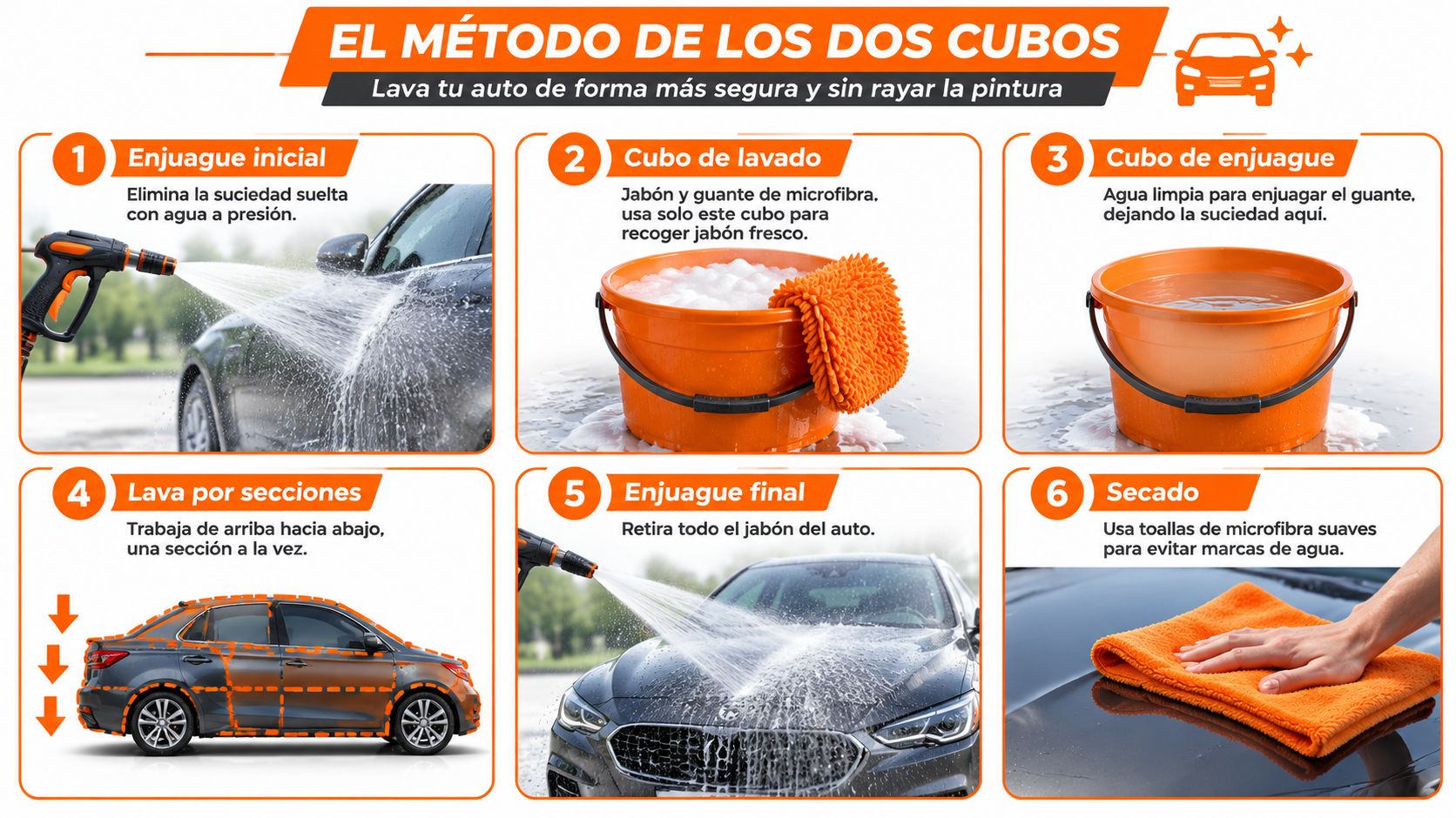 Infografía paso a paso sobre el método de los dos cubos para lavar un automóvil correctamente.