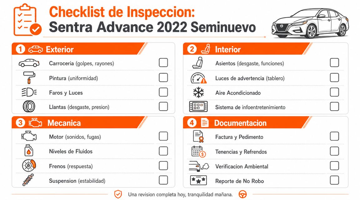 Lista de verificación para la inspección detallada de un vehículo Nissan Sentra Advance 2022 seminuevo.