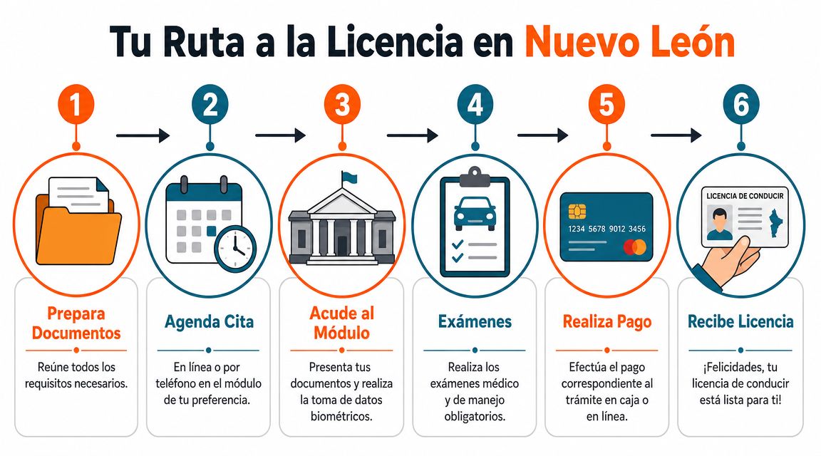 Infografía paso a paso para obtener la licencia de conducir en Nuevo León de forma sencilla.
