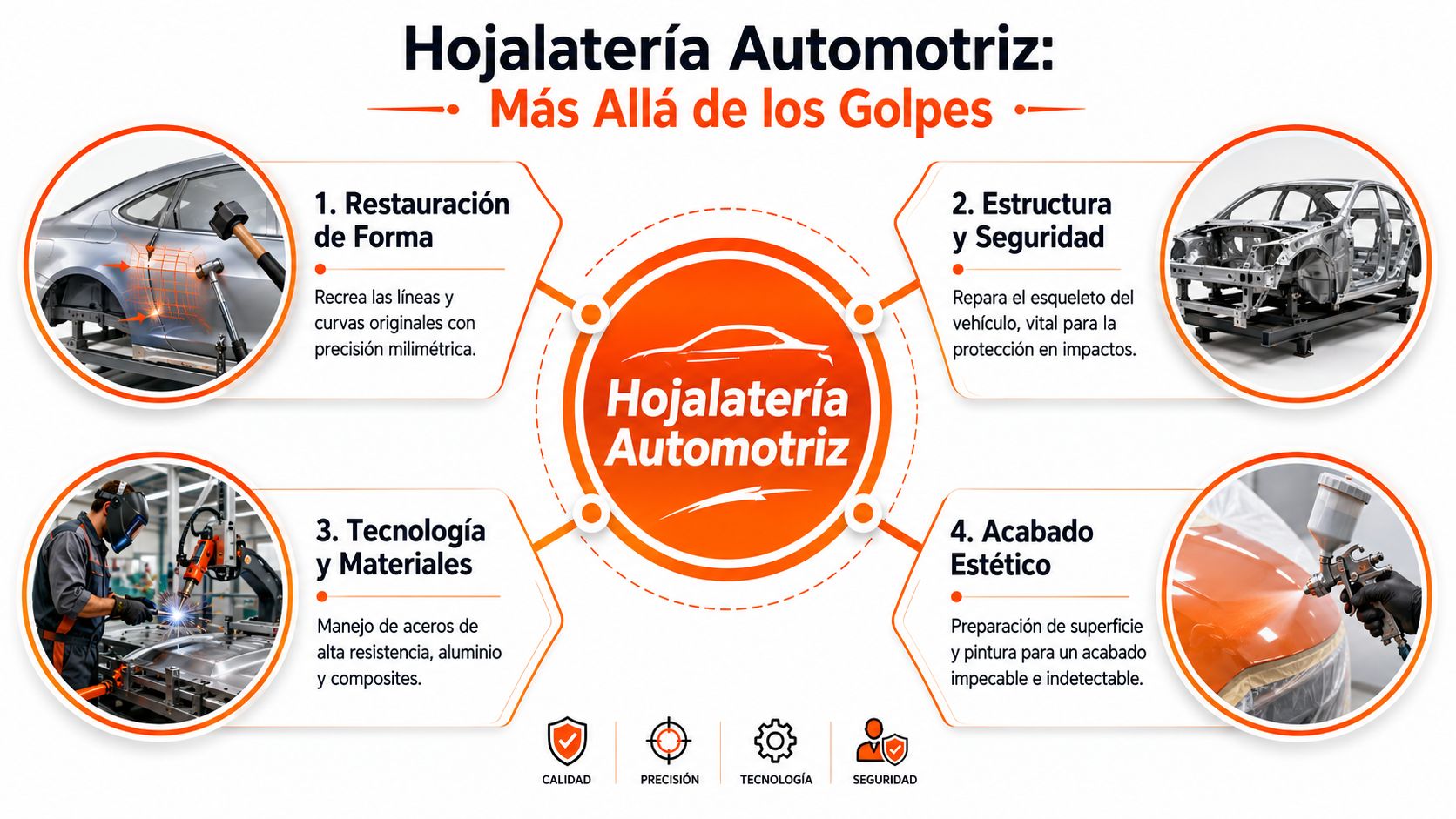 Infografía sobre el proceso de hojalatería automotriz, destacando la restauración, seguridad, tecnología y acabados estéticos profesionales.