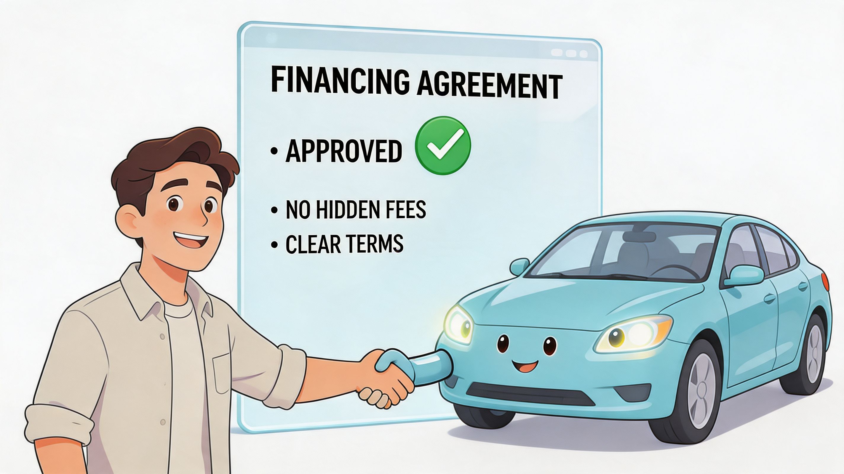 Un hombre sonriente estrechando la mano de un coche animado junto a un contrato de financiamiento aprobado.