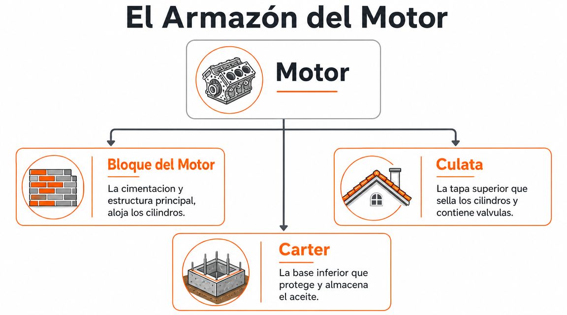 Diagrama educativo que muestra las partes principales del armazón de un motor de combustión interna.