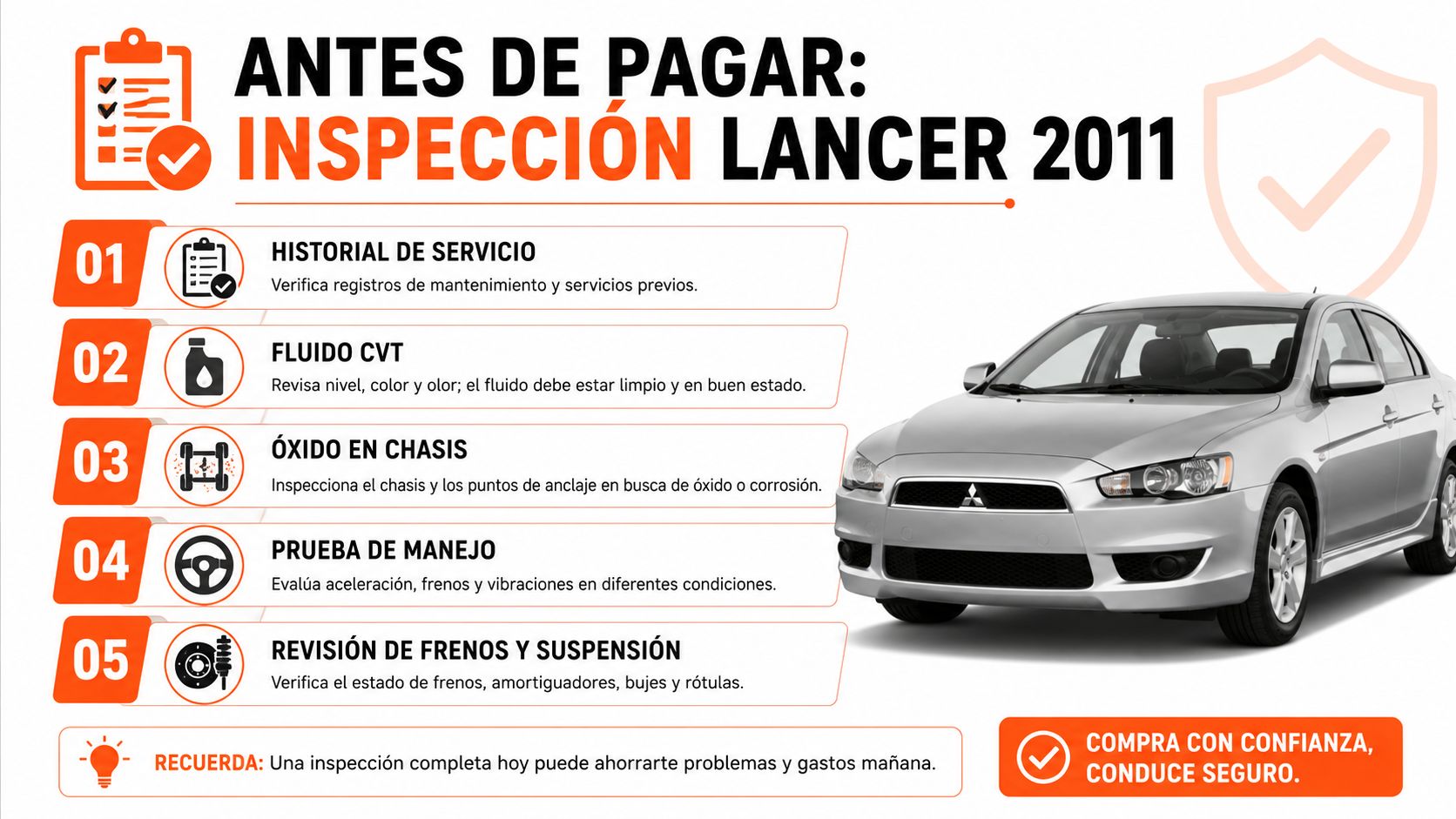Lista de verificación para inspección mecánica antes de comprar un vehículo Mitsubishi Lancer modelo 2011 usado.