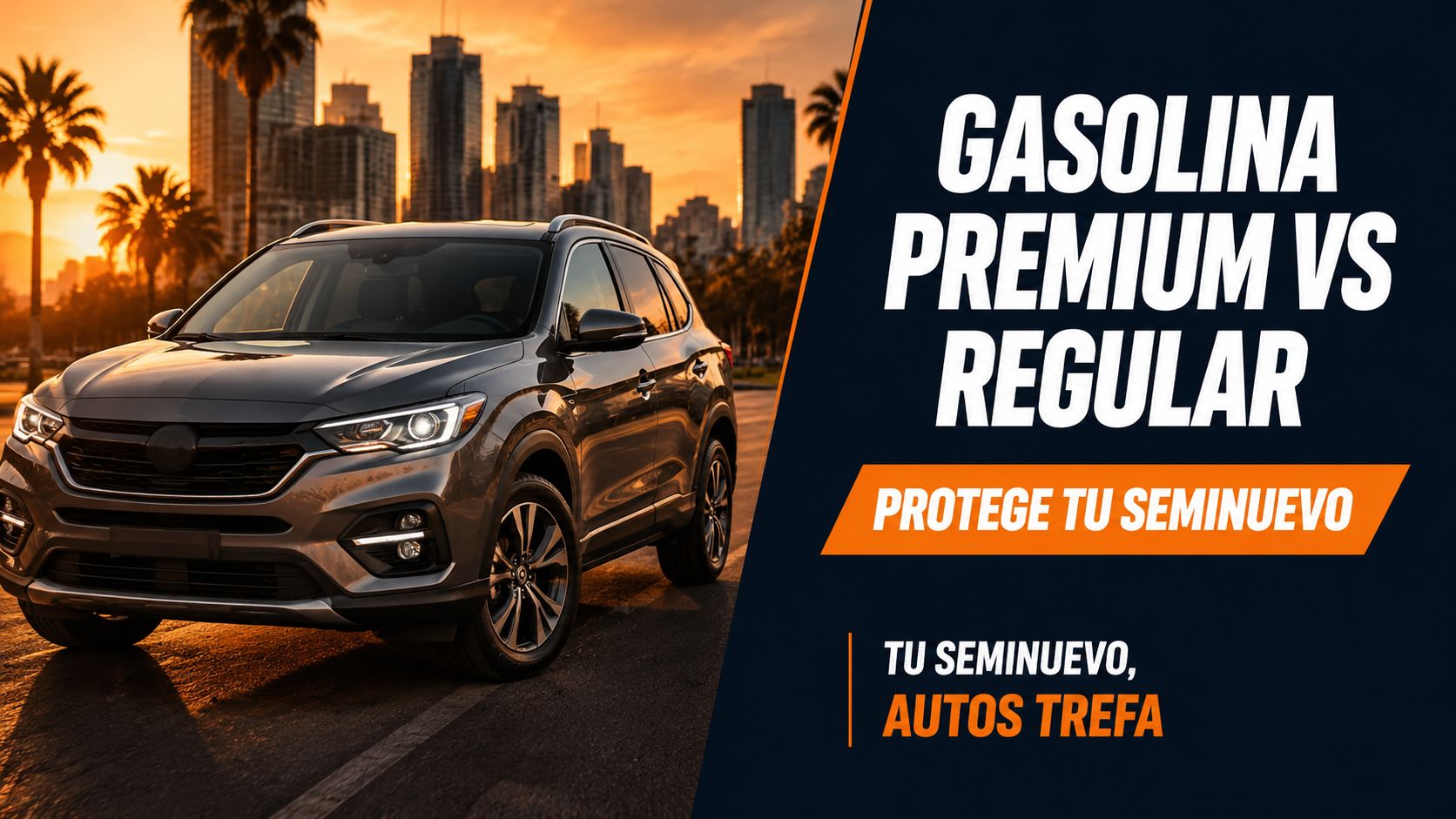 Un automóvil deportivo utilitario gris estacionado en una calle urbana durante el atardecer, promocionando combustible premium.