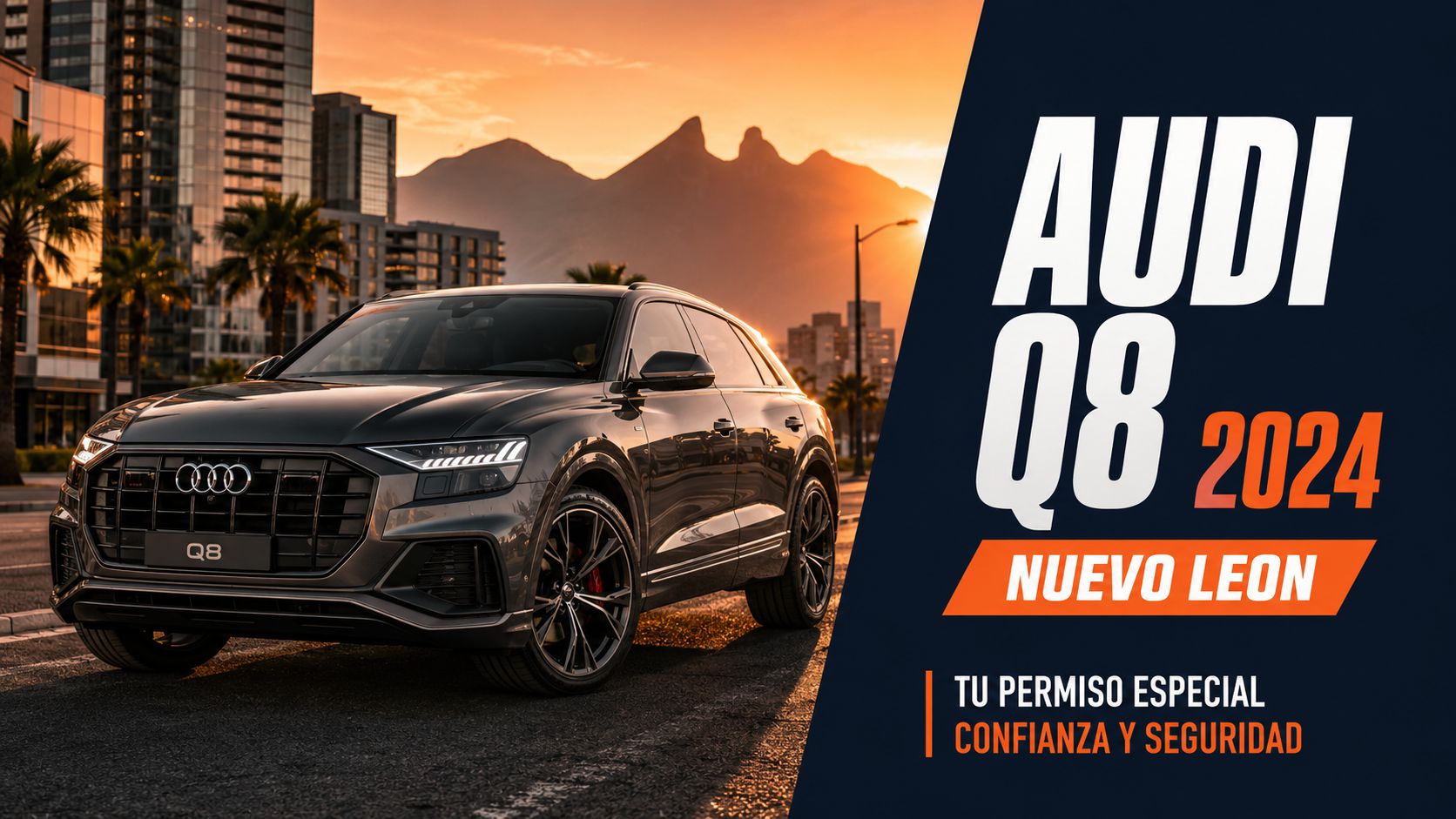 Un Audi Q8 2024 de color gris estacionado con montañas y edificios de fondo en Nuevo León.