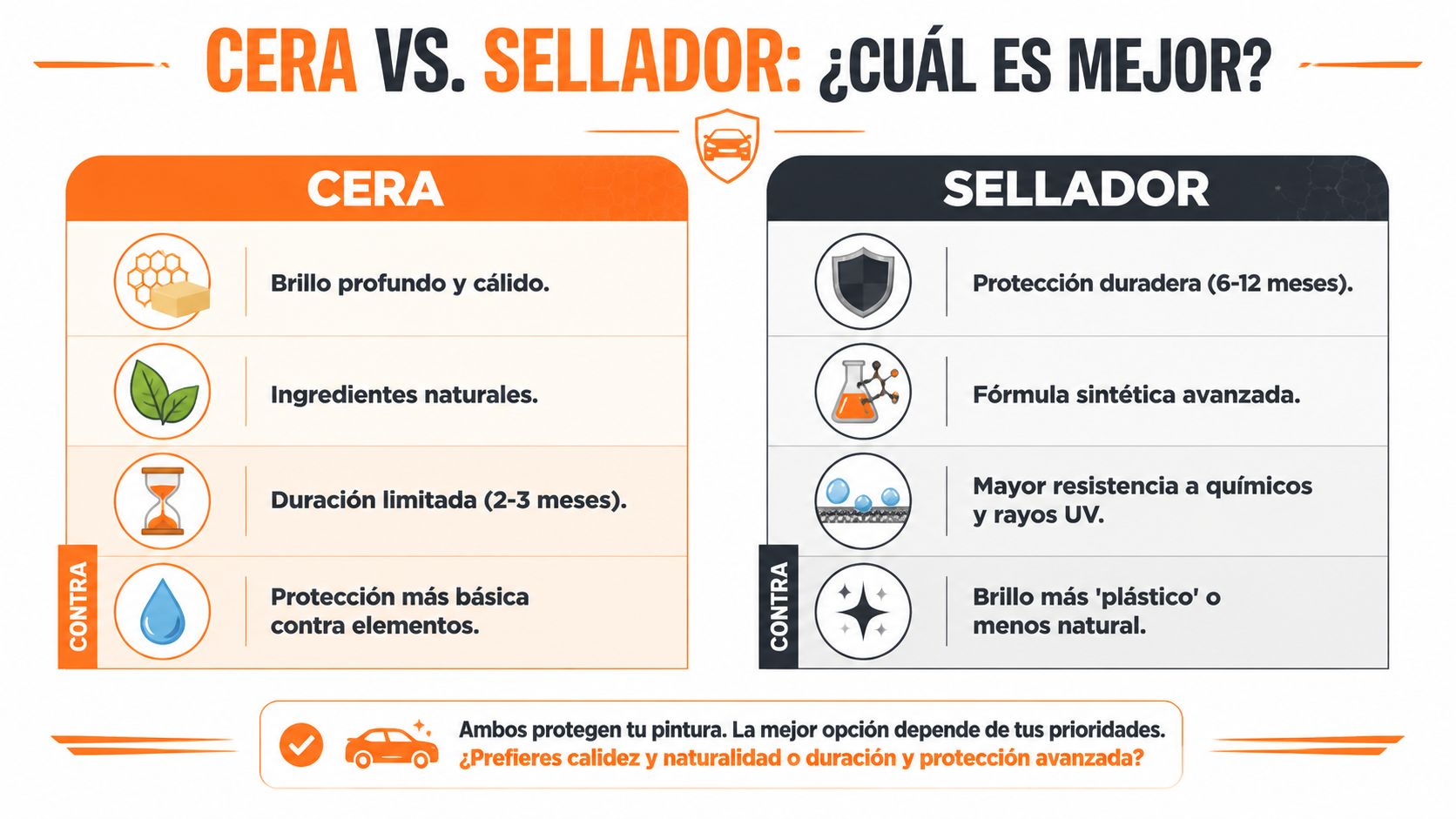 Infografía comparativa que muestra las diferencias entre cera y sellador para la protección de la pintura automotriz.