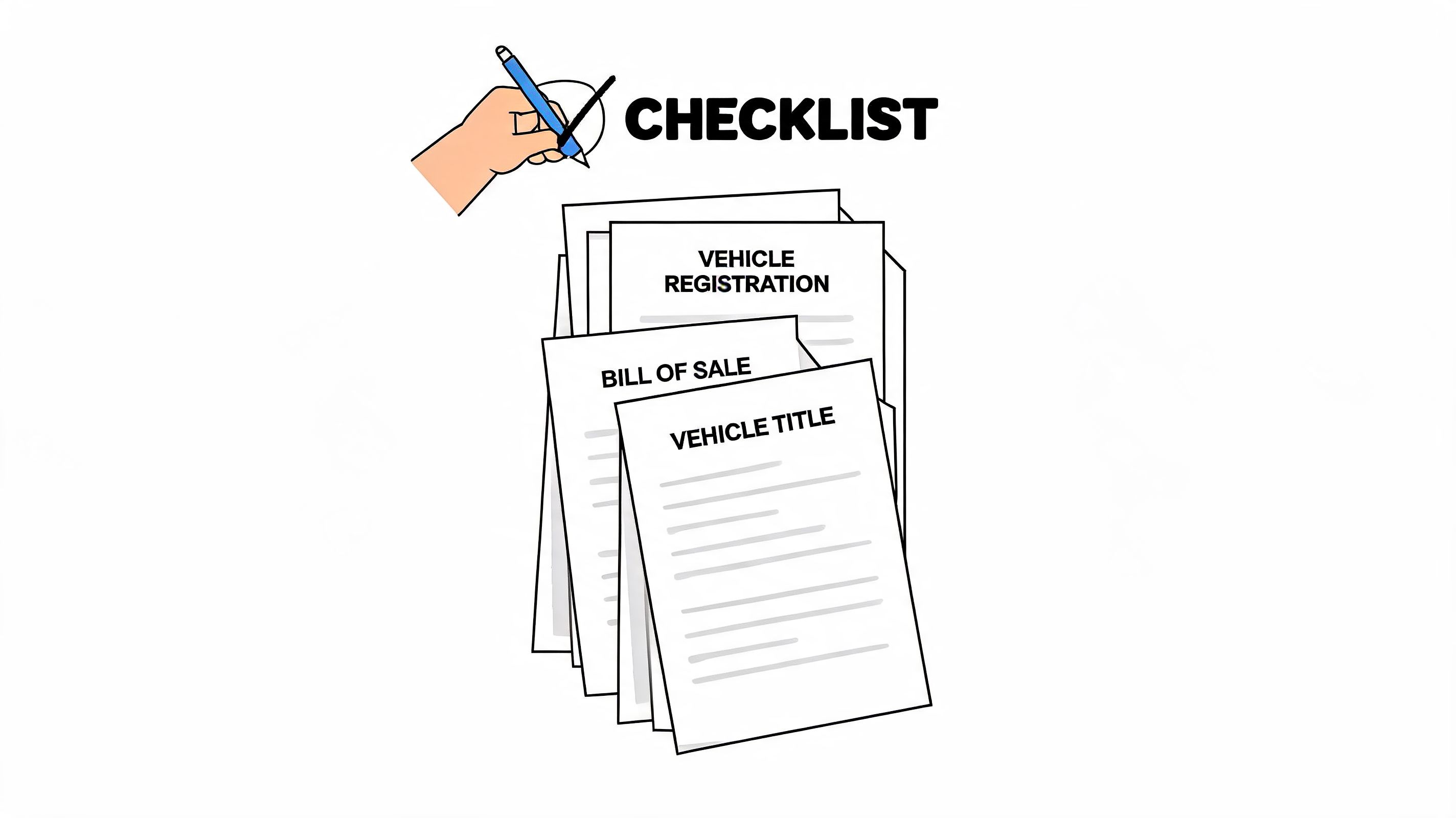 Una ilustración de documentos de compraventa de autos incluyendo registro, factura y título de propiedad del vehículo.