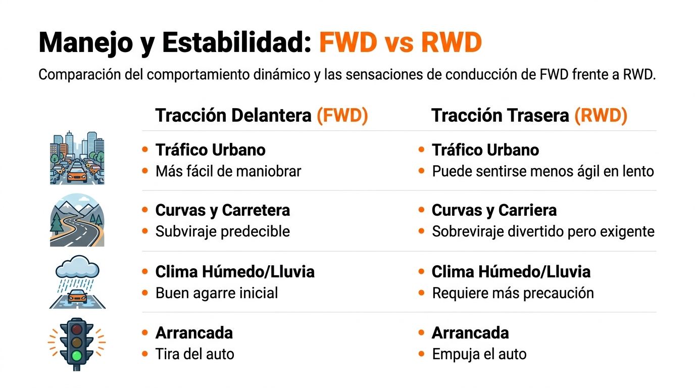 Comparativa visual entre tracción delantera y tracción trasera enfocada en manejo, estabilidad y diferentes condiciones de conducción.