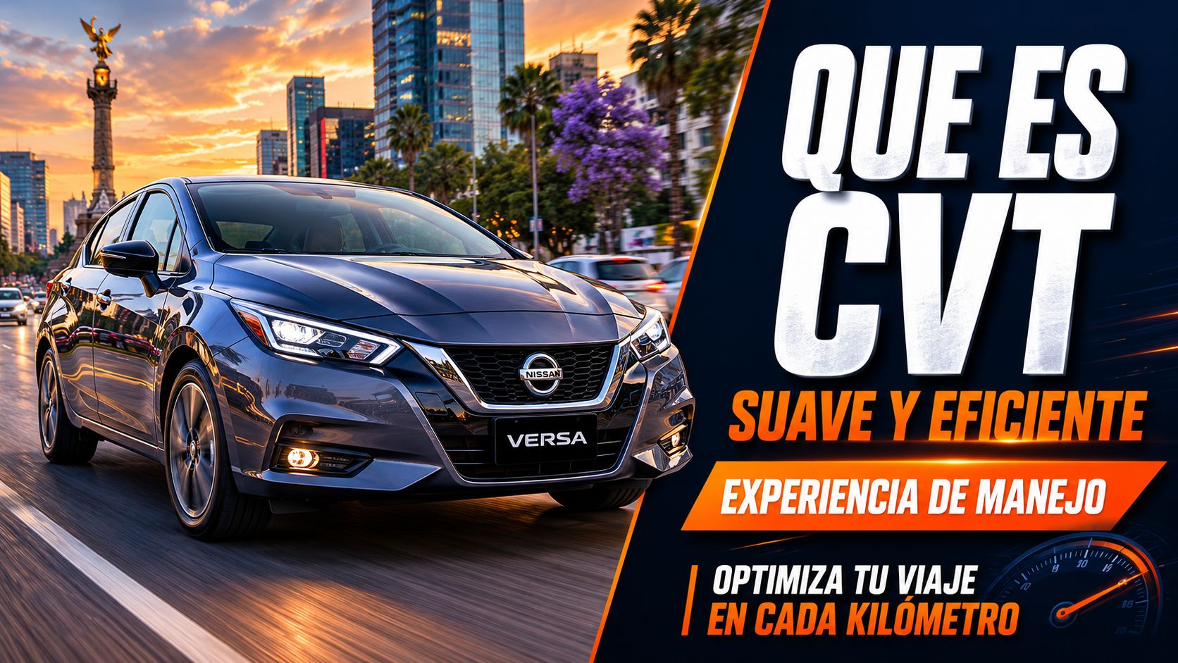 Un auto Nissan Versa color gris oscuro circulando por una avenida al atardecer en Ciudad de México.