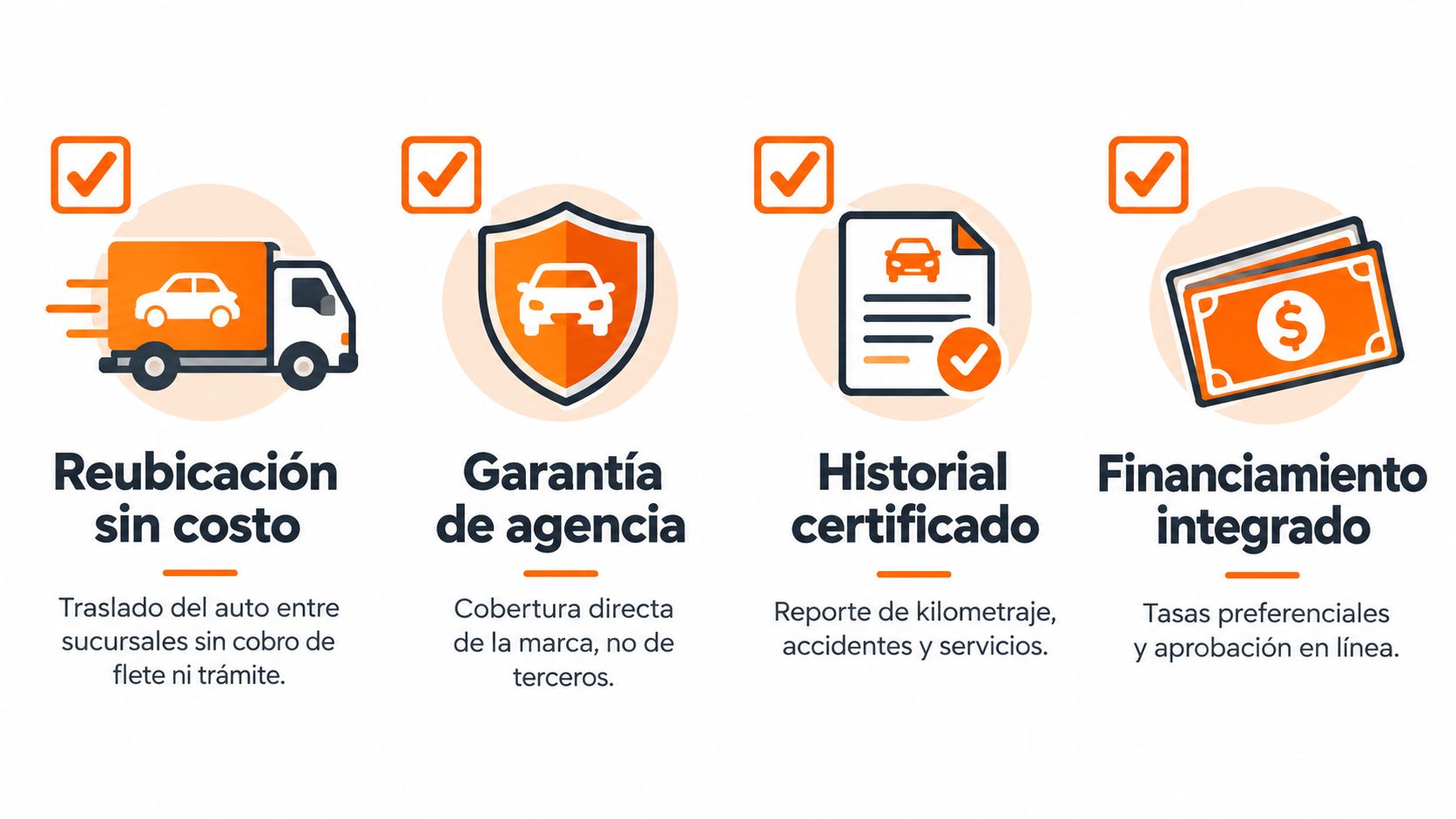 Beneficios de compra de vehículos seminuevos con reubicación, garantía de agencia, historial certificado y financiamiento integrado.