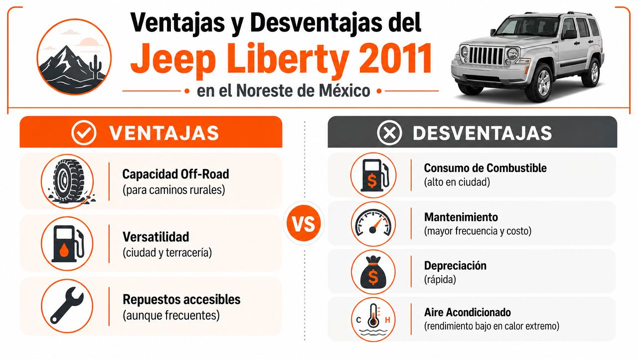 Infografía comparativa mostrando las ventajas y desventajas de poseer un Jeep Liberty 2011 en México.