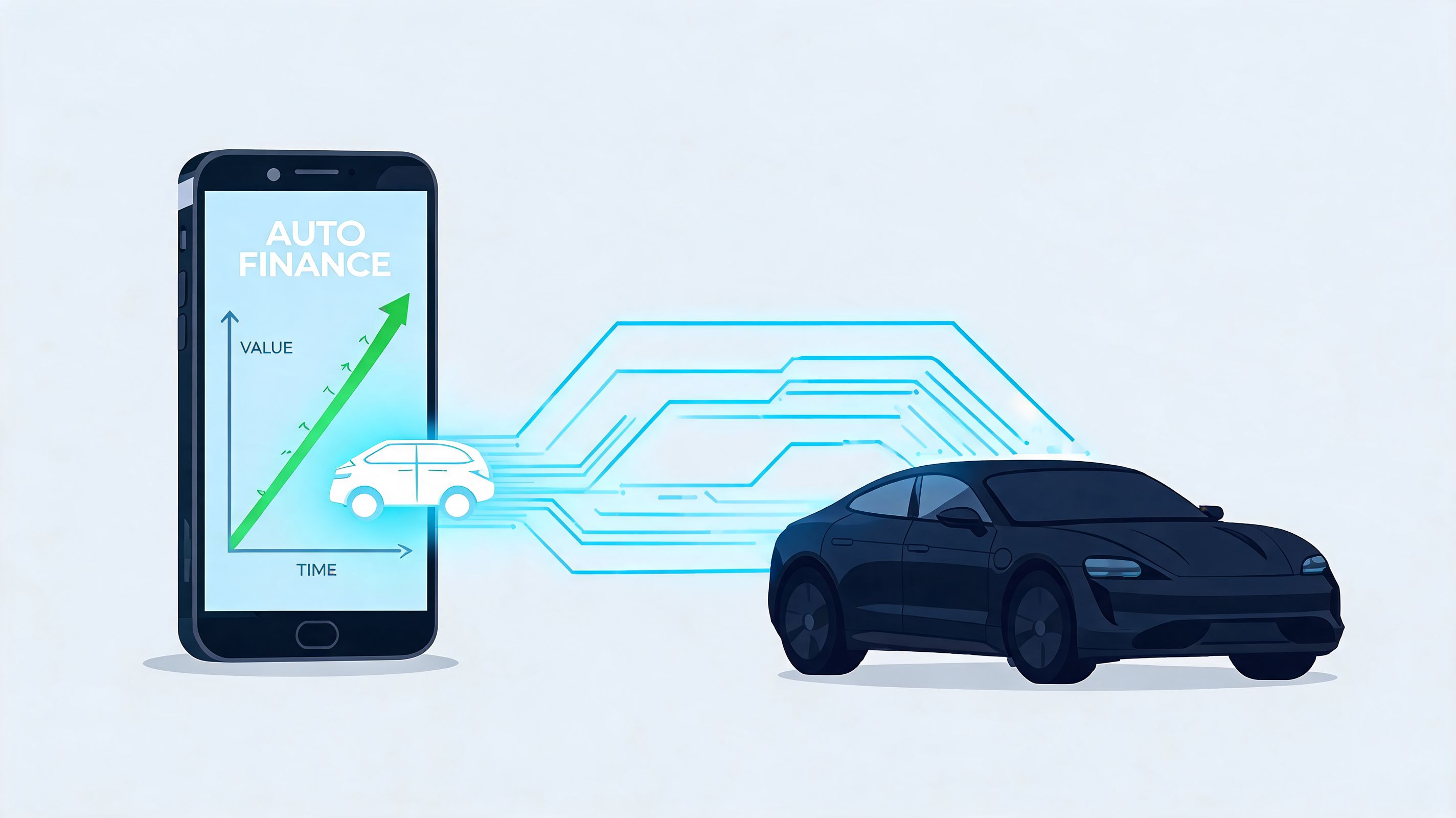 Un smartphone mostrando gráficos de finanzas automotrices conectado digitalmente a un coche deportivo negro moderno.