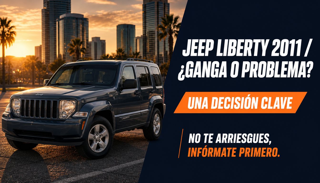 Una Jeep Liberty 2011 estacionada frente a edificios al atardecer, invitando a investigar antes de comprar.