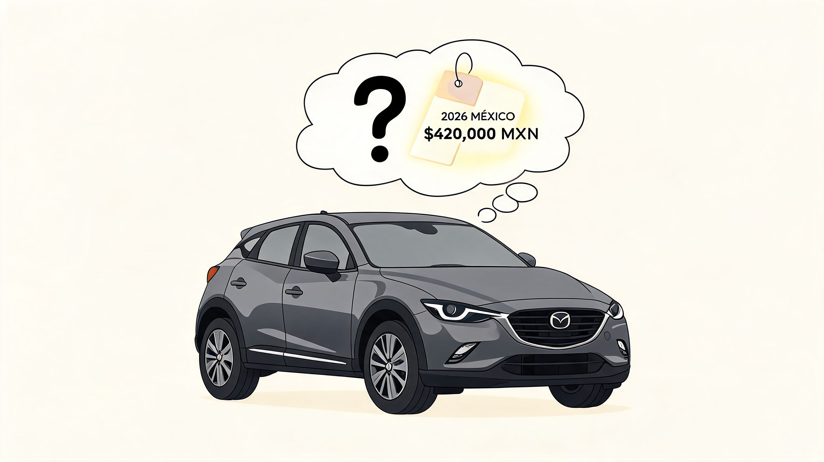 Ilustración de un auto Mazda gris con una burbuja de pensamiento mostrando precio y año estimado.