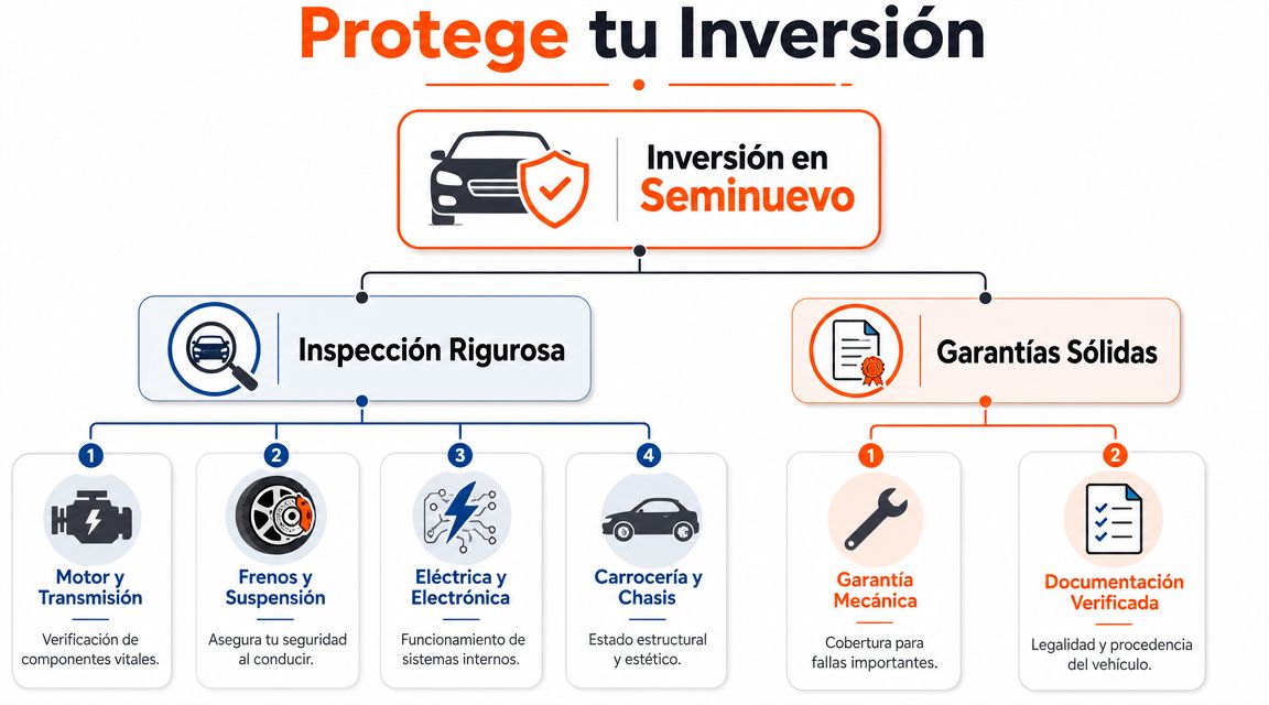 Infografía sobre la protección de la inversión en autos seminuevos mediante inspecciones rigurosas y garantías sólidas verificadas.