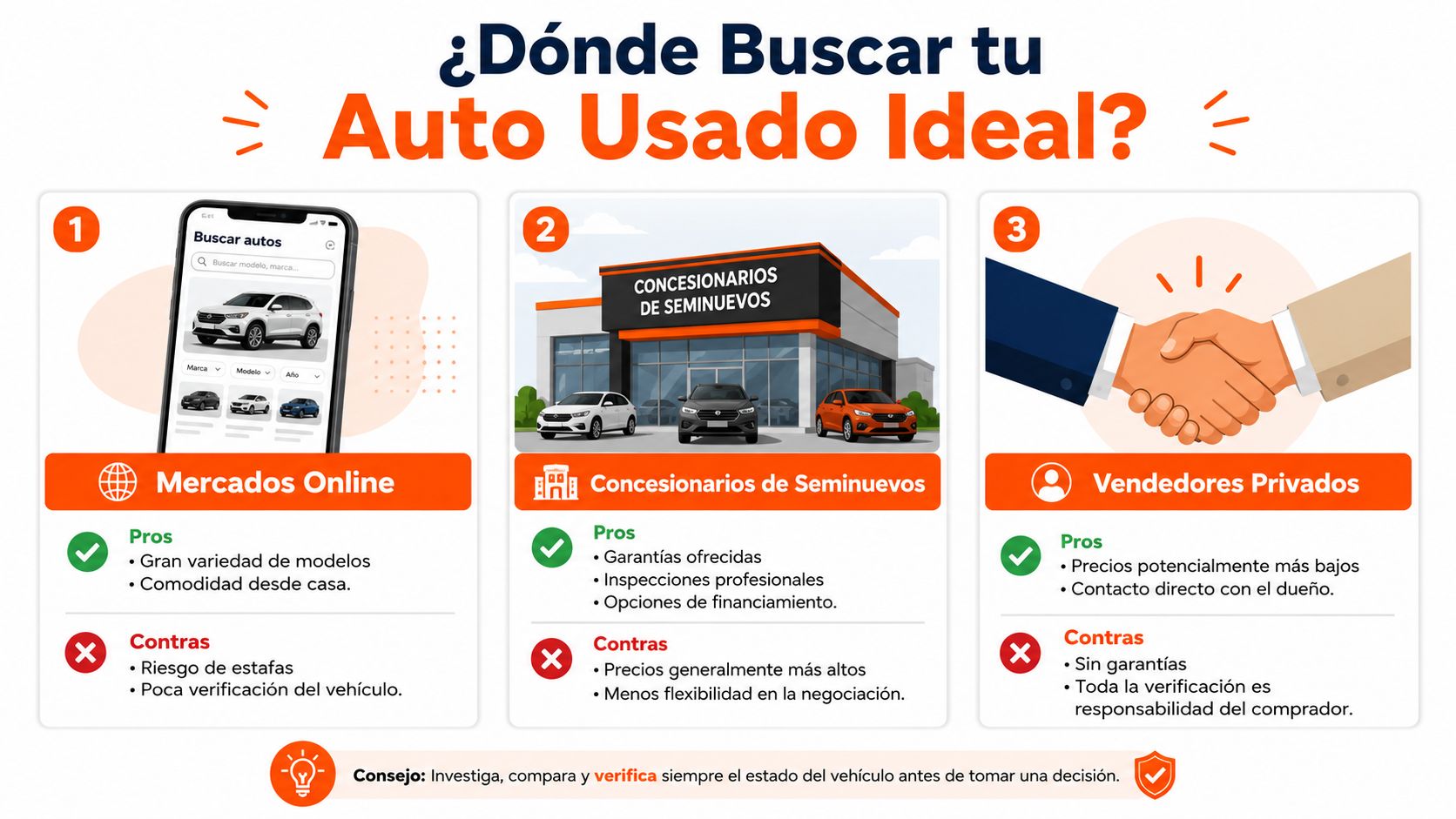 Infografía que explica los tres lugares principales para comprar un automóvil usado: sitios online, concesionarios y vendedores privados.