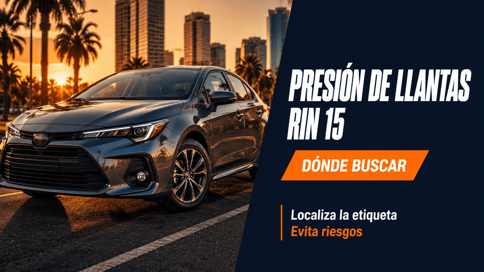 Un automóvil moderno estacionado en la ciudad durante el atardecer, destacando consejos de seguridad sobre neumáticos.