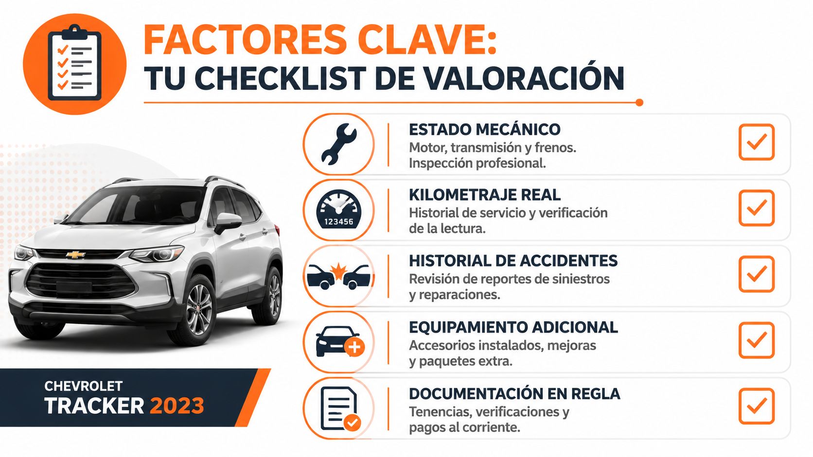 Infografía de checklist de valoración para la compra de una camioneta Chevrolet Tracker 2023 de segunda mano.