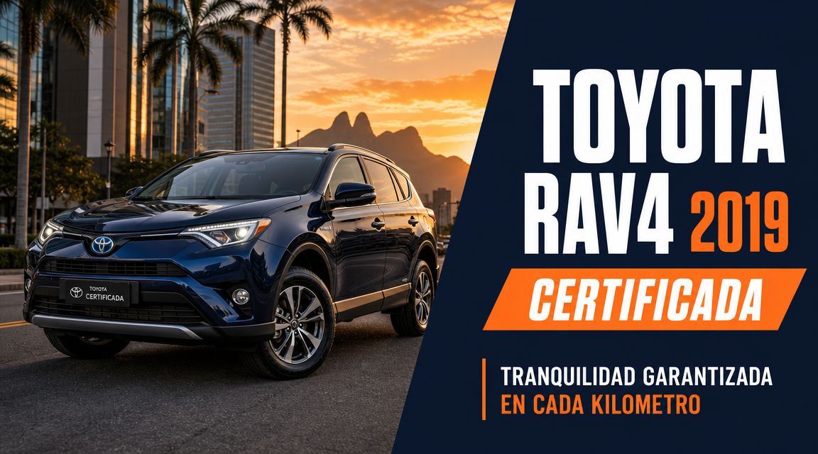 Una camioneta Toyota RAV4 2019 de color azul oscuro estacionada en una calle urbana al atardecer.