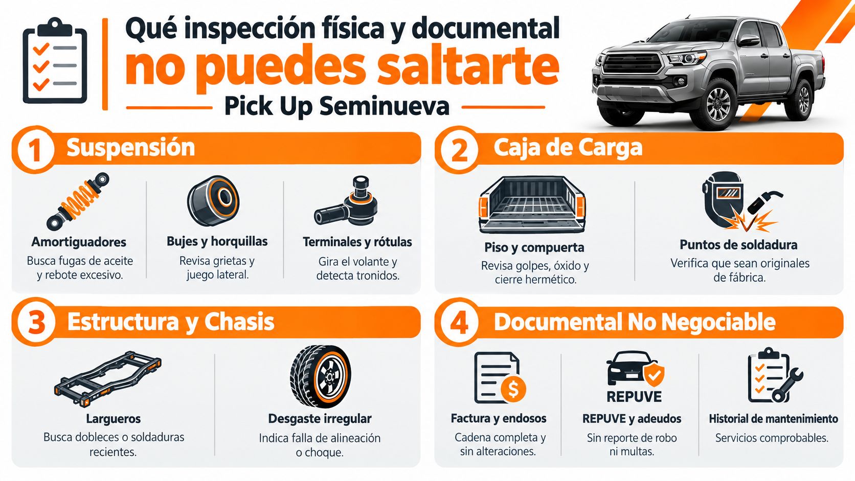 Infografía sobre los puntos clave de inspección física y documental para comprar una pick up seminueva.