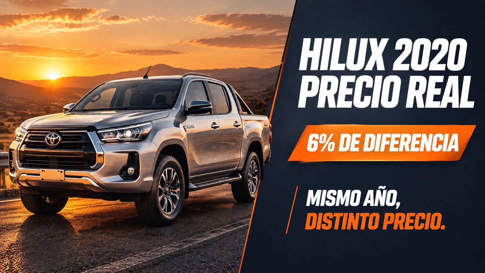 Una camioneta Toyota Hilux 2020 plateada estacionada durante el atardecer, destacando una diferencia de precio del 6%.