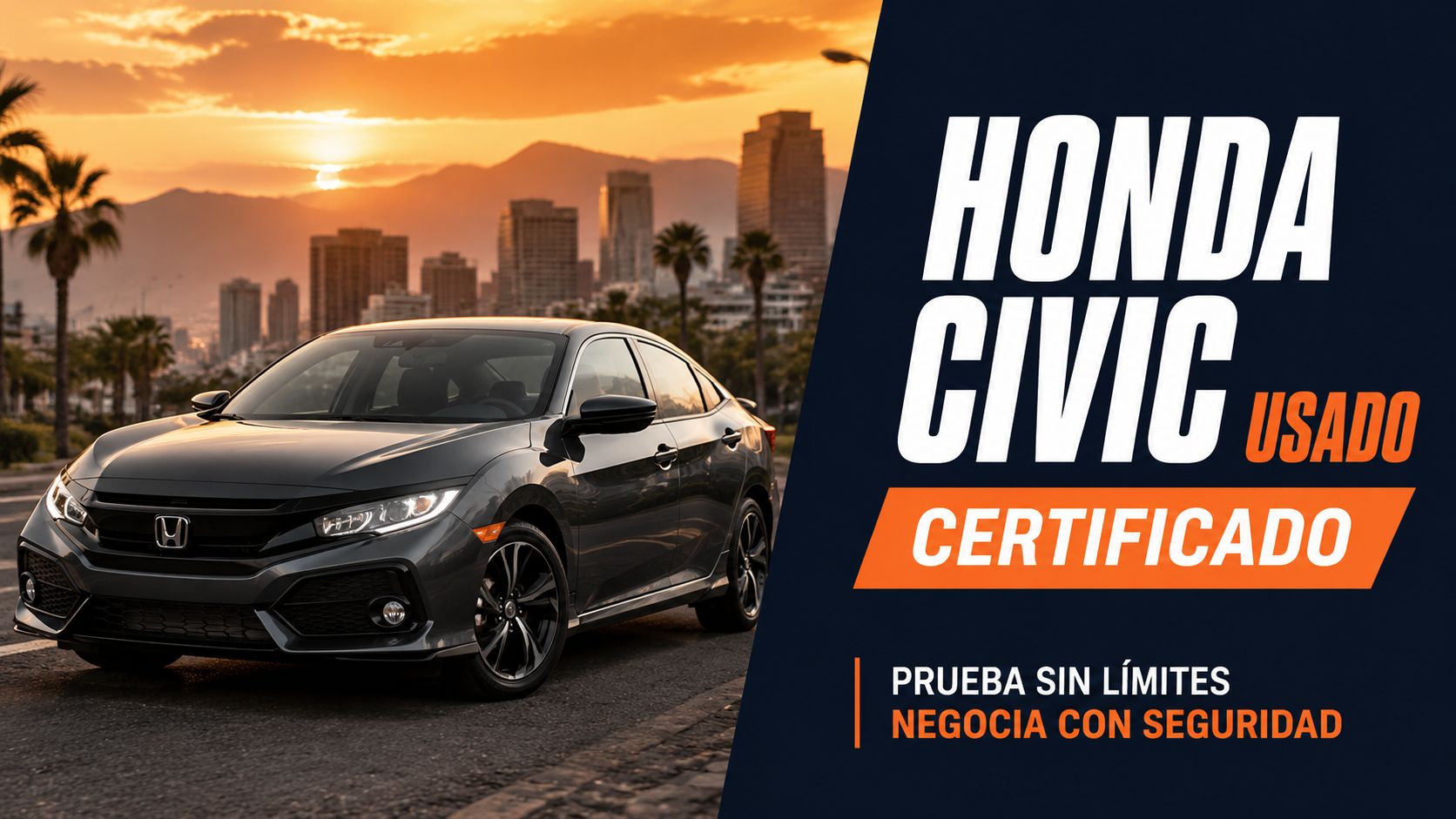 Un automóvil Honda Civic color gris oscuro estacionado en una calle con vista a una ciudad al atardecer.