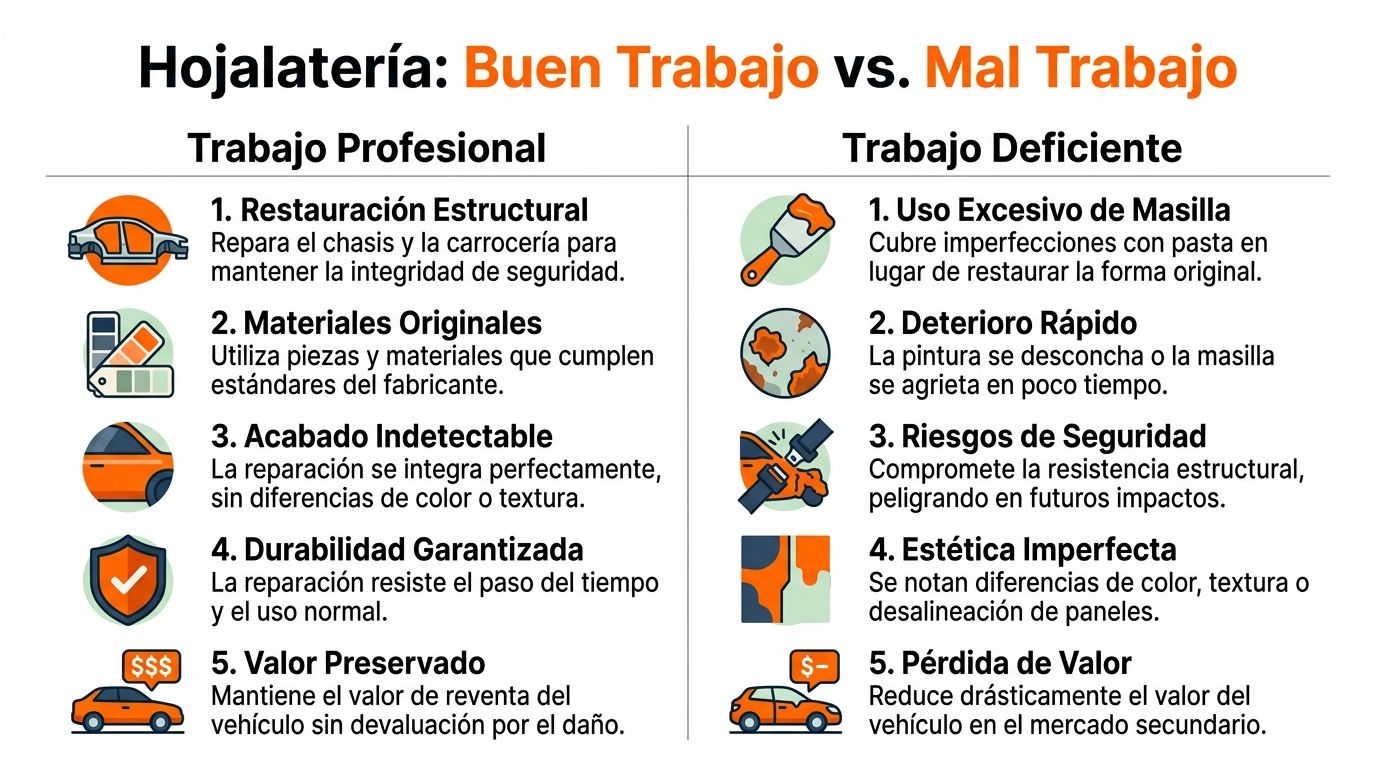 Infografía comparativa que muestra las diferencias clave entre un trabajo de hojalatería profesional y uno deficiente.
