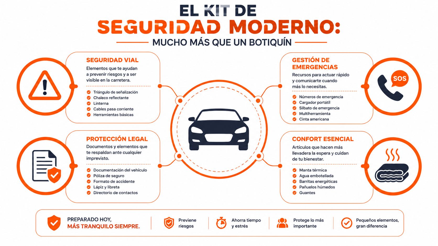Infografía sobre los elementos esenciales que debe contener un kit de seguridad moderno para el automóvil.