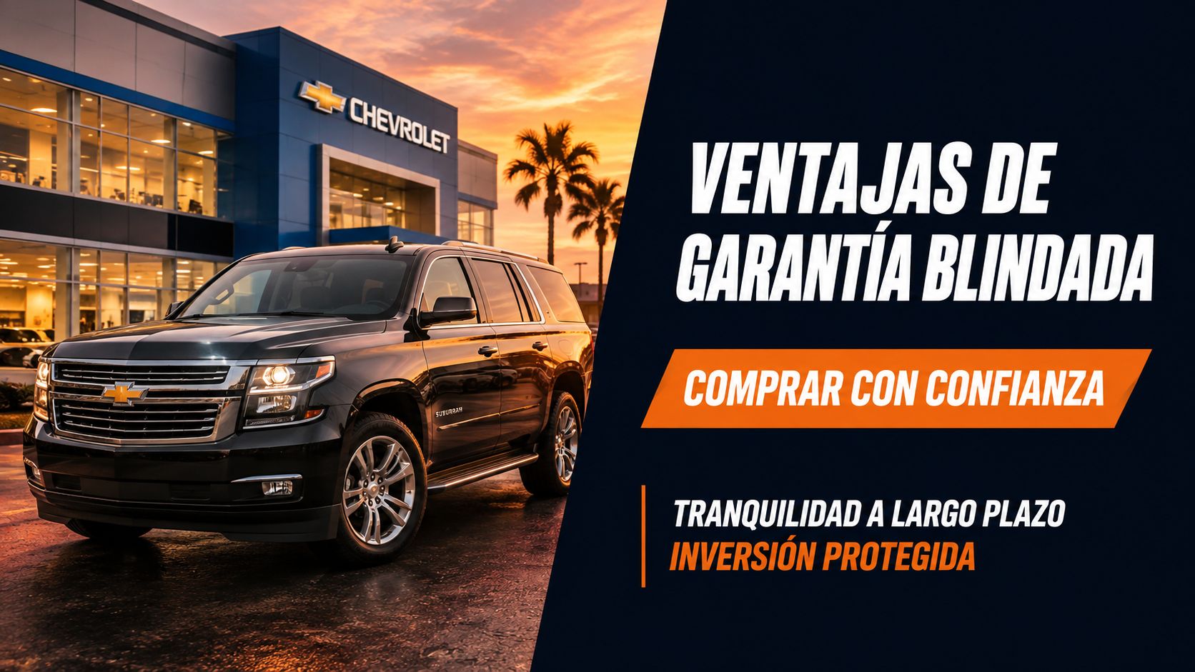 Una camioneta Chevrolet Suburban negra estacionada frente a una agencia con texto sobre garantía blindada y confianza.